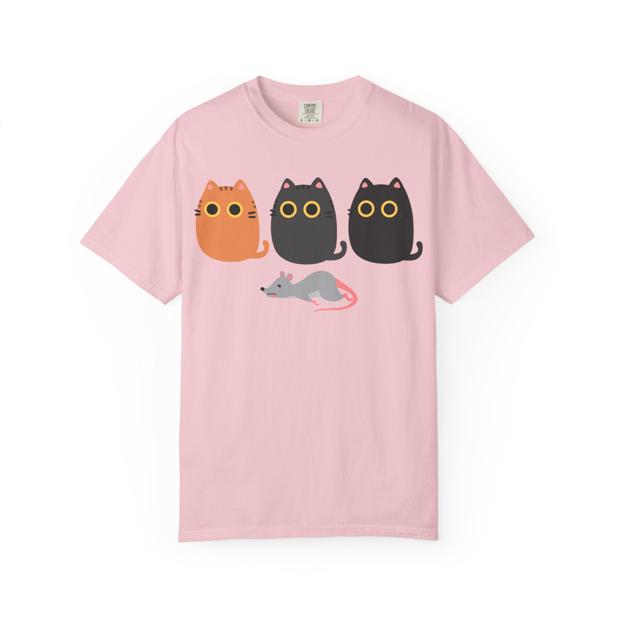 Cute Cat Trio T-Shirt — Cartoon Cats & Sleeping Mouse Graphic Tee