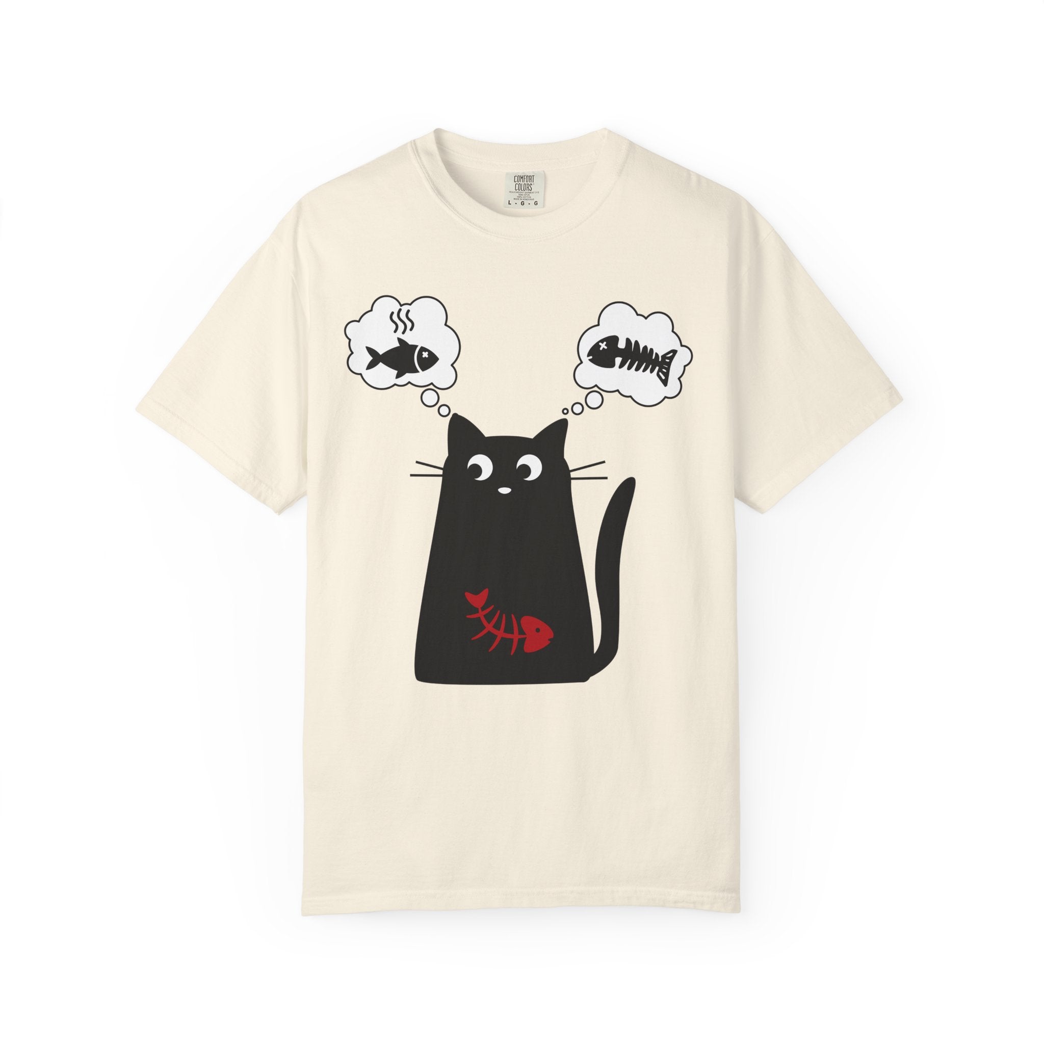 Cat Thinking Fish T-Shirt — Cute Black Cat with Fishbone Graphic