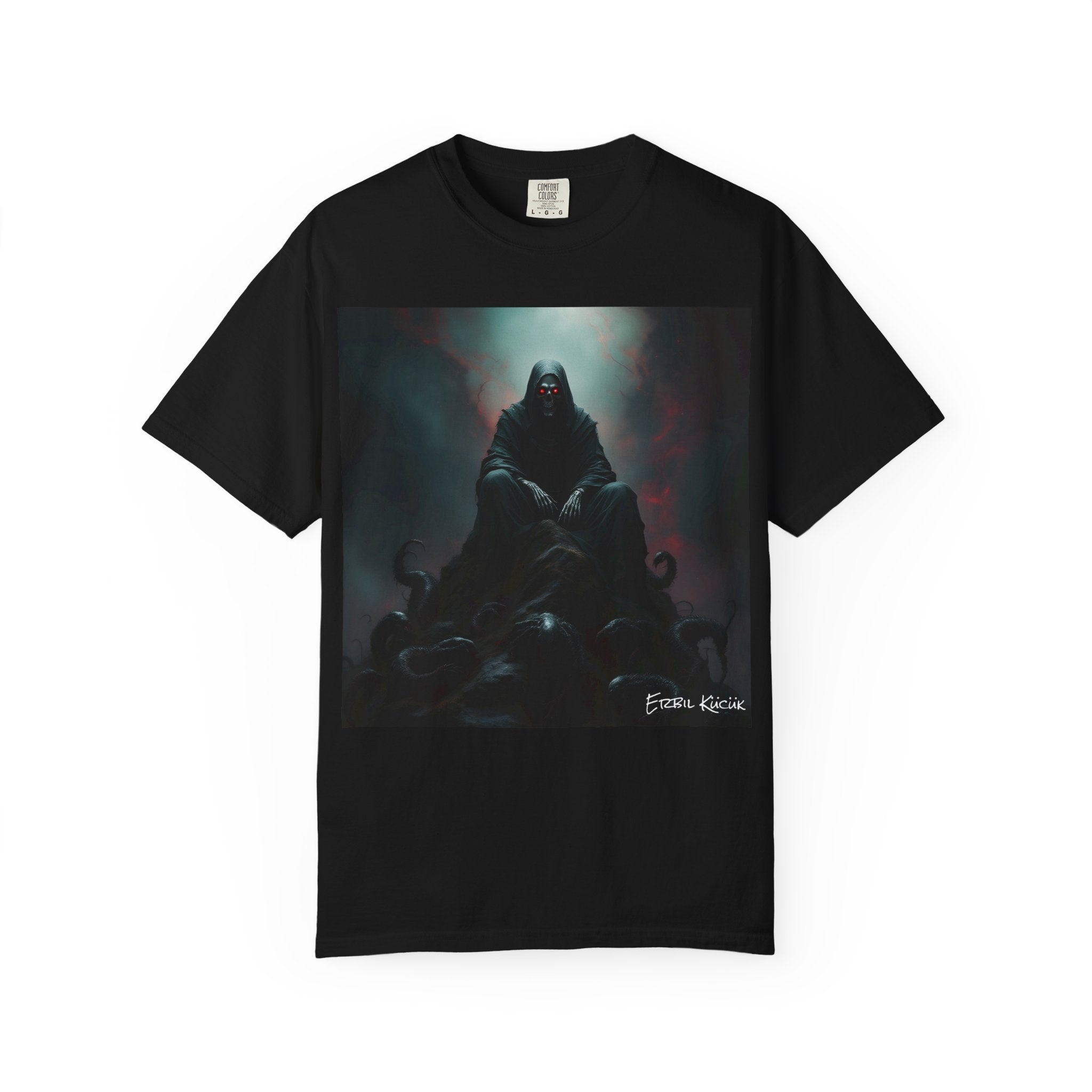 Dark Throne Graphic T-Shirt — Gothic Grim Reaper Art Tee