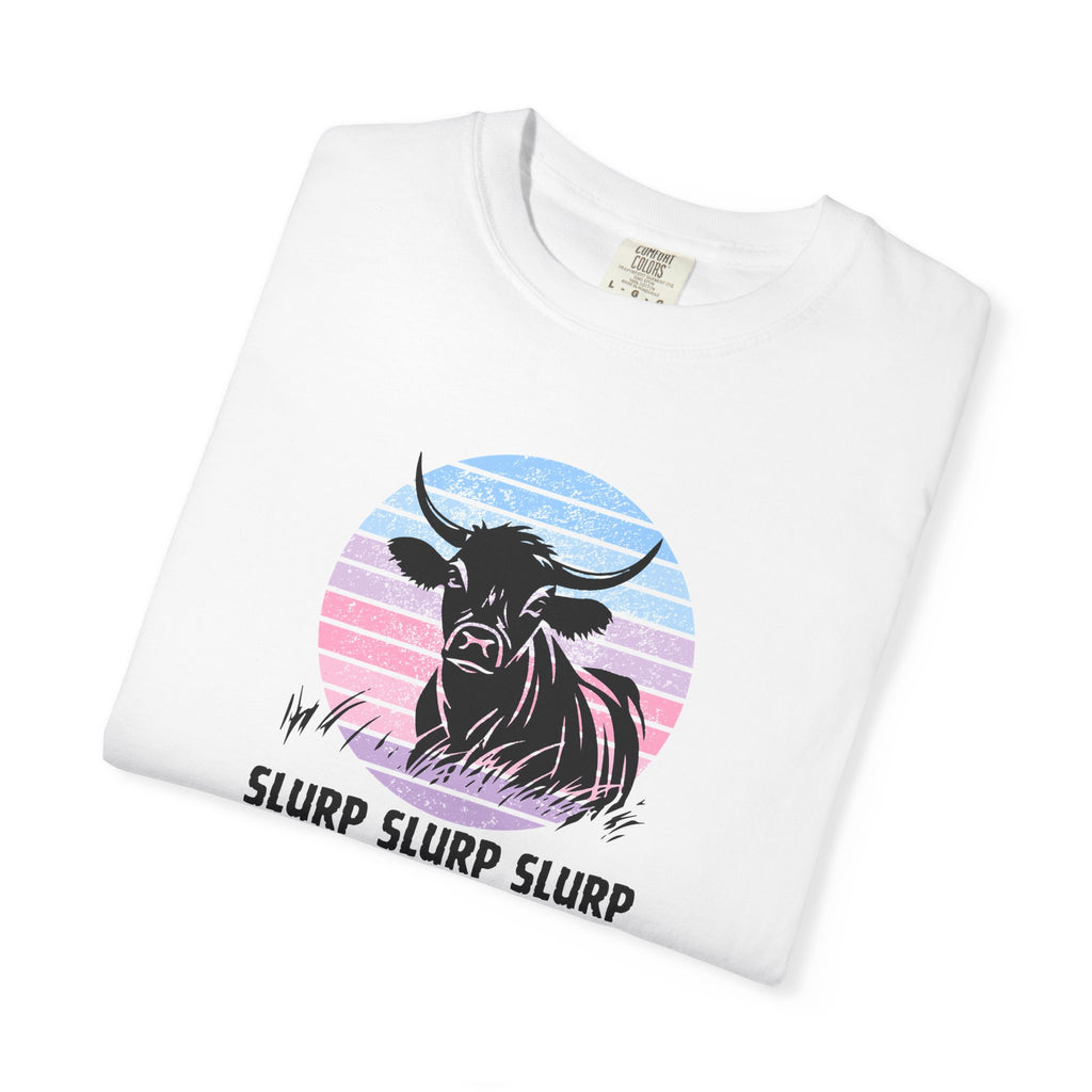 Cow Sunset T-Shirt — 'SLURP SLURP SLURP' Retro Pastel Cow Graphic Tee
