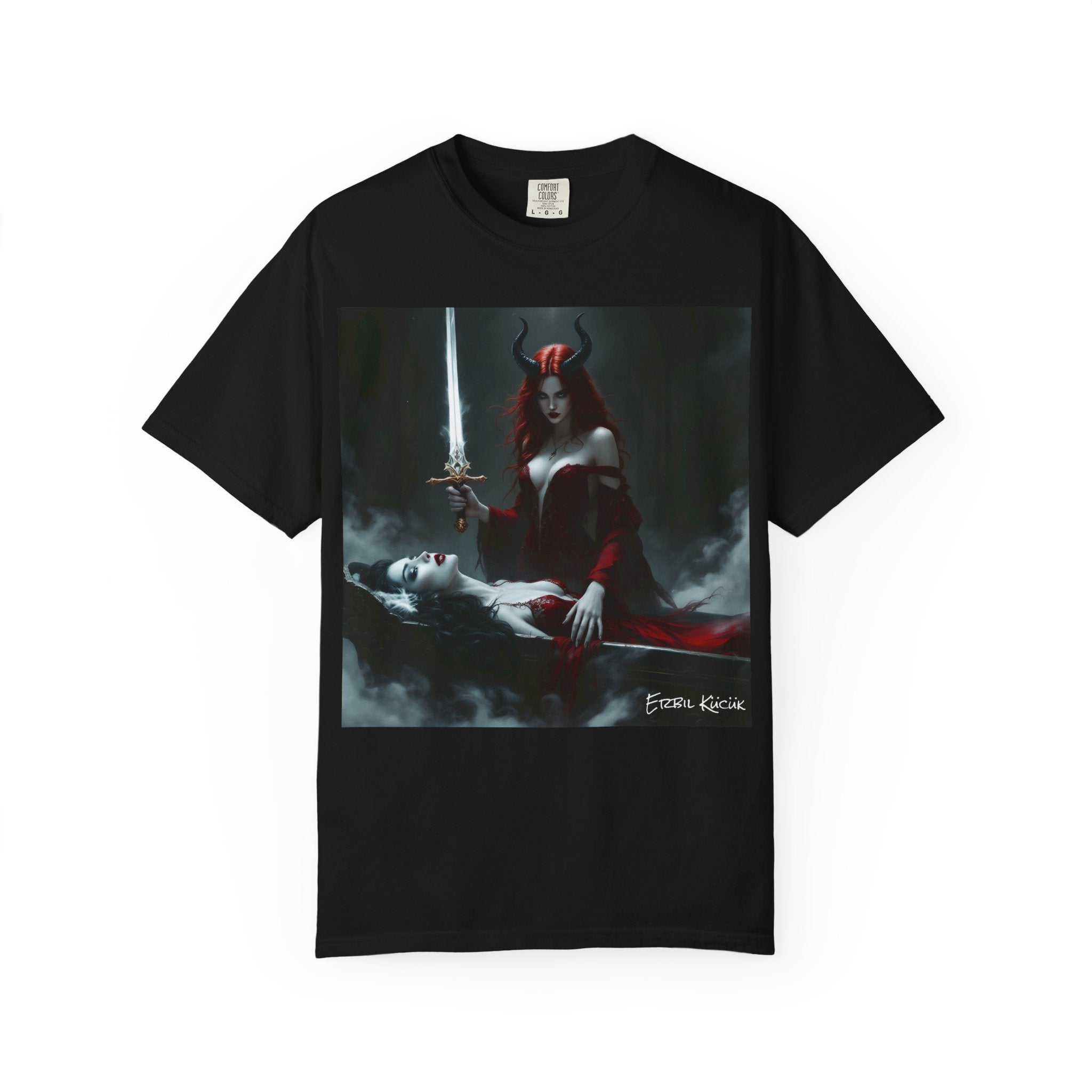 Gothic Demoness Art T-Shirt — Dark Fantasy Sword & Blood Illustration