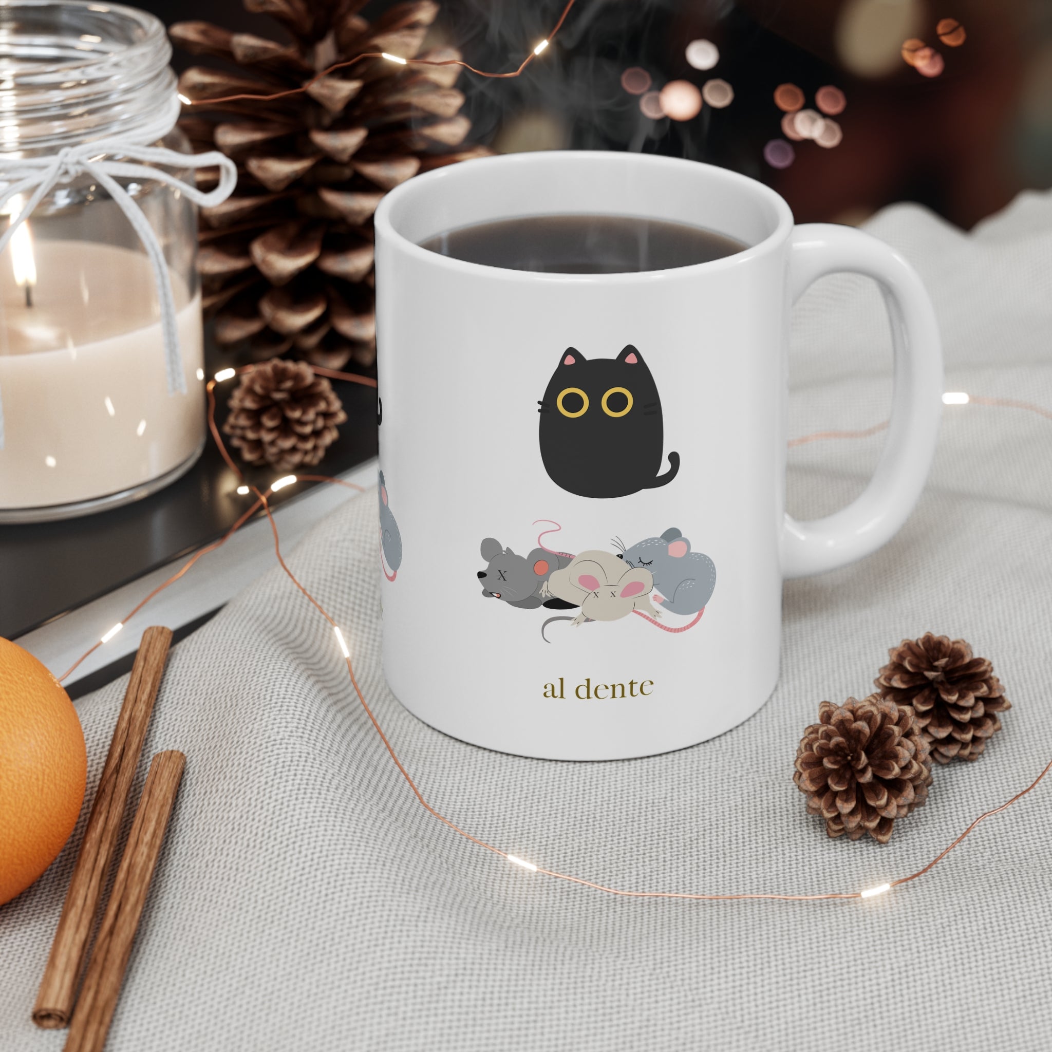 Cute Cat & Mice Ceramic Coffee Mug — "al dente" 11oz/15oz