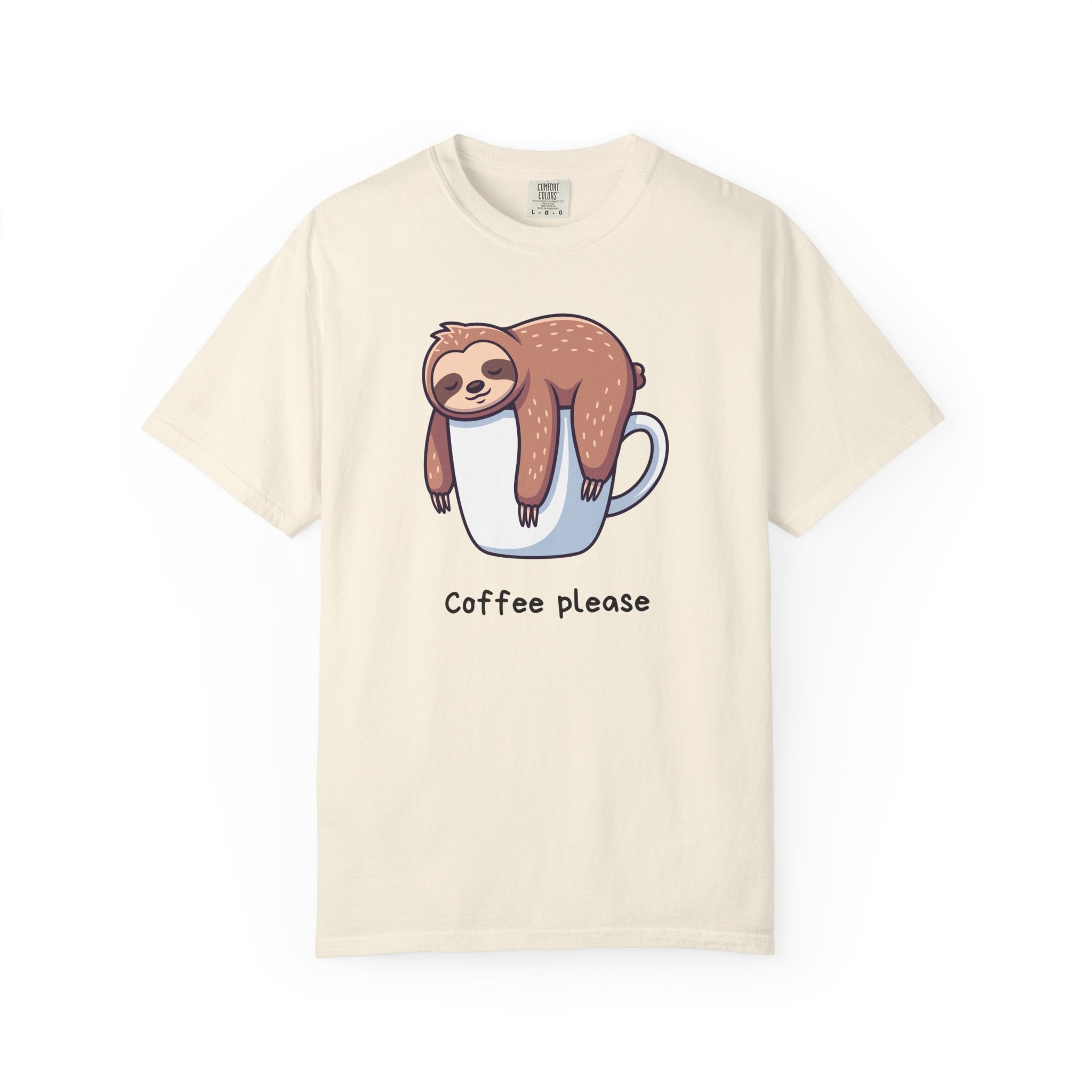 Sloth on Coffee Cup T-Shirt — “Coffee, please” Cute Lazy Morning Tee