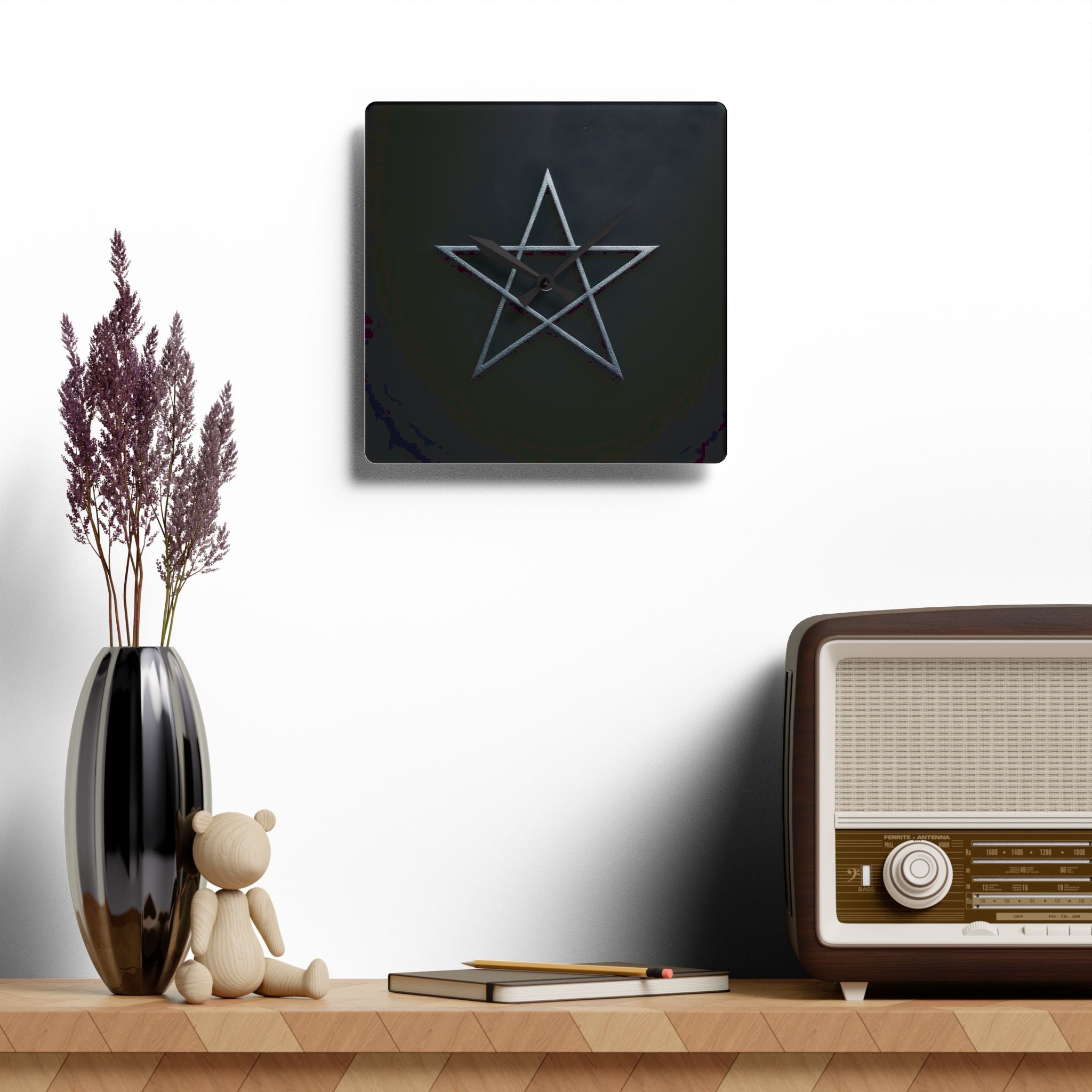 Pentagram Acrylic Wall Clock — Modern Gothic Black Decor