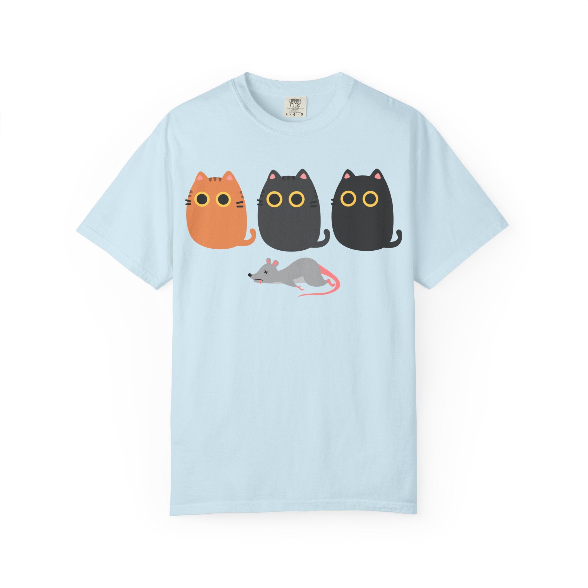 Cute Cat Trio T-Shirt — Cartoon Cats & Sleeping Mouse Graphic Tee