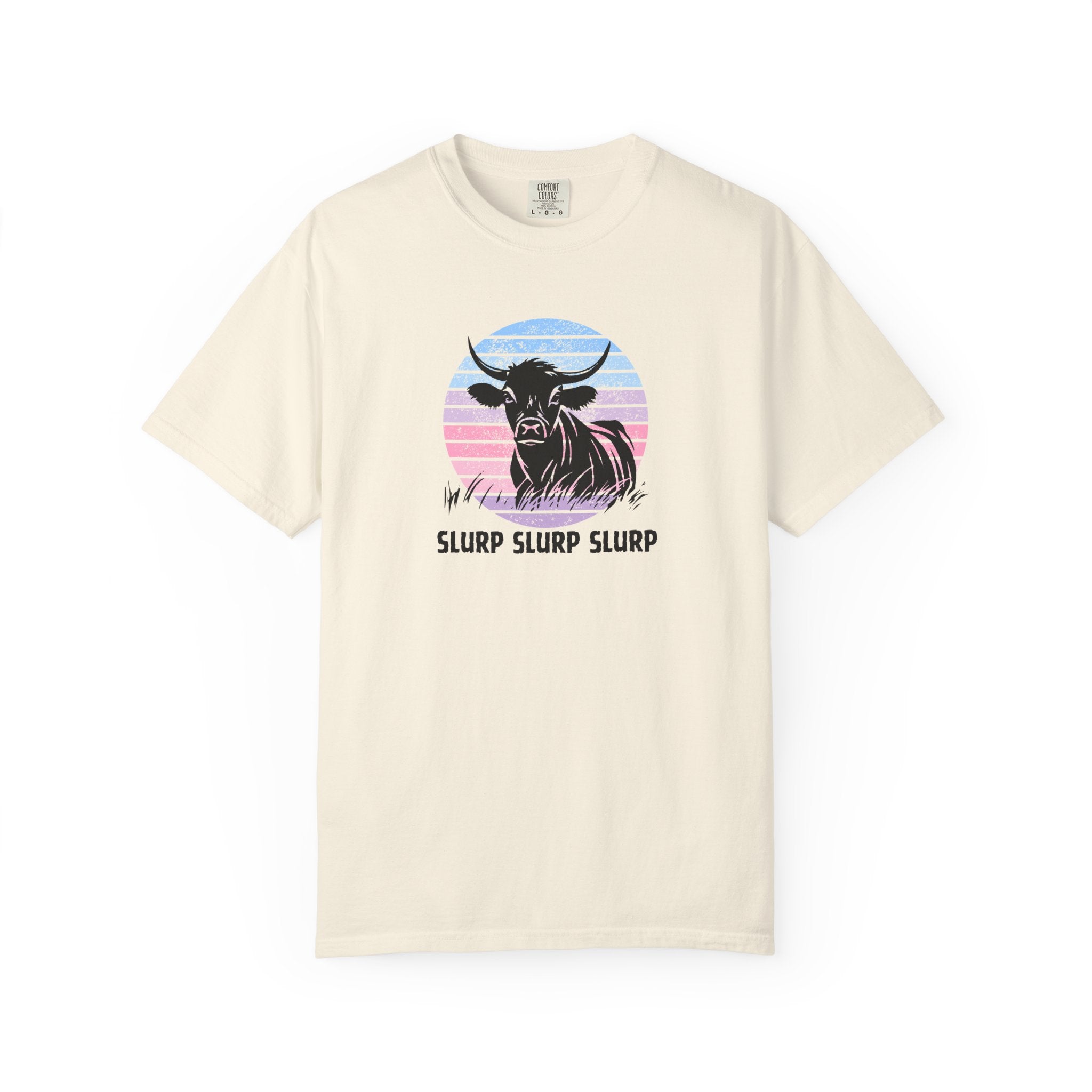 Cow Sunset T-Shirt — 'SLURP SLURP SLURP' Retro Pastel Cow Graphic Tee
