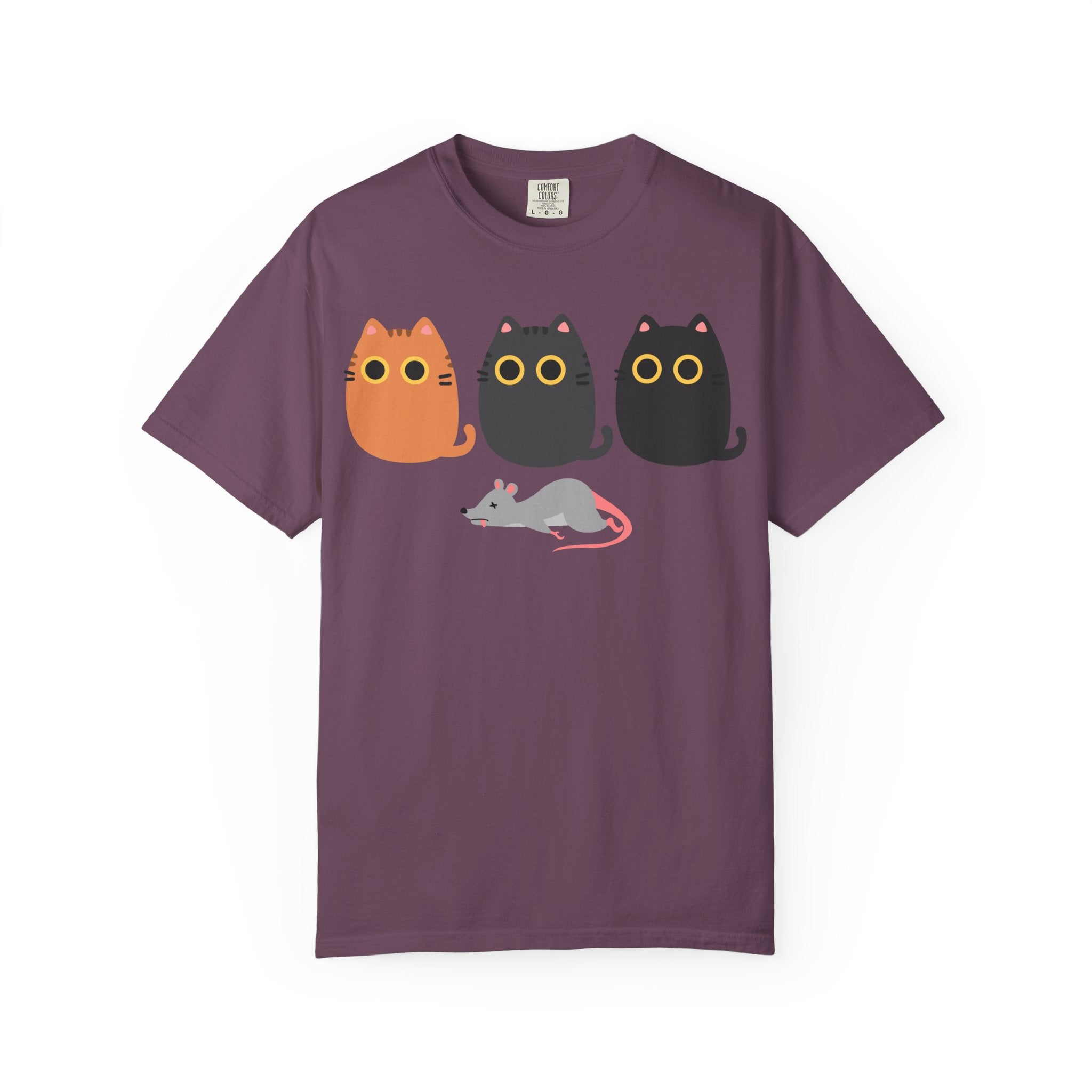 Cute Cat Trio T-Shirt — Cartoon Cats & Sleeping Mouse Graphic Tee