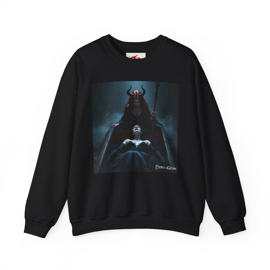 Dark Queen Illustration Sweatshirt — Gothic Demon Throne Art Crewneck