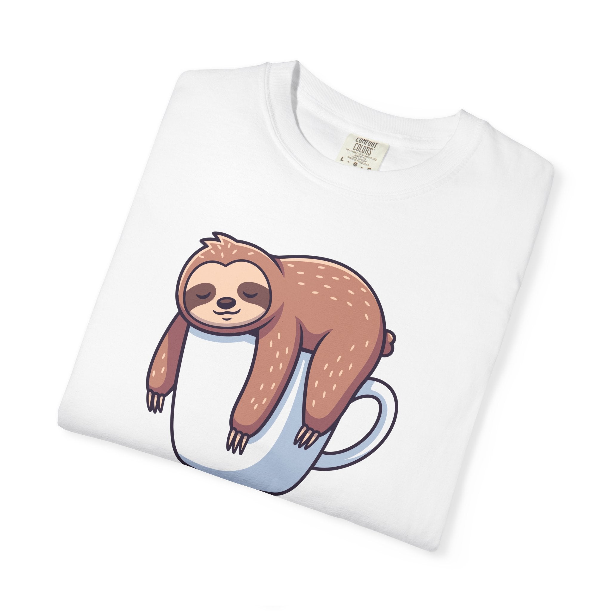 Sloth on Coffee Cup T-Shirt — “Coffee, please” Cute Lazy Morning Tee