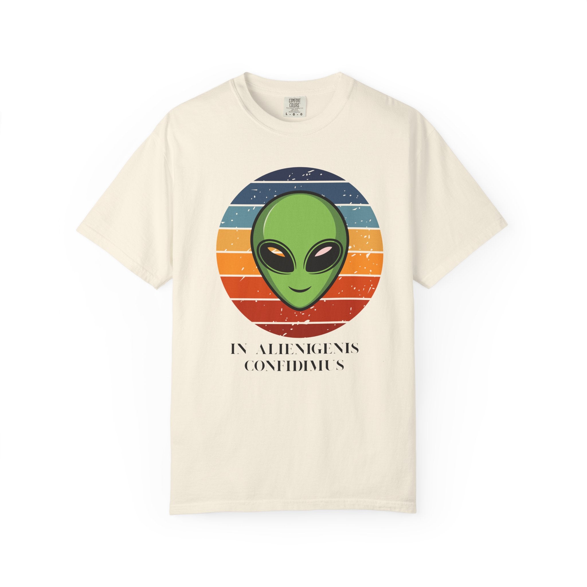 Alien Head T‑Shirt — 'In Omnigens Confidimus' Retro Striped Sci‑Fi Tee