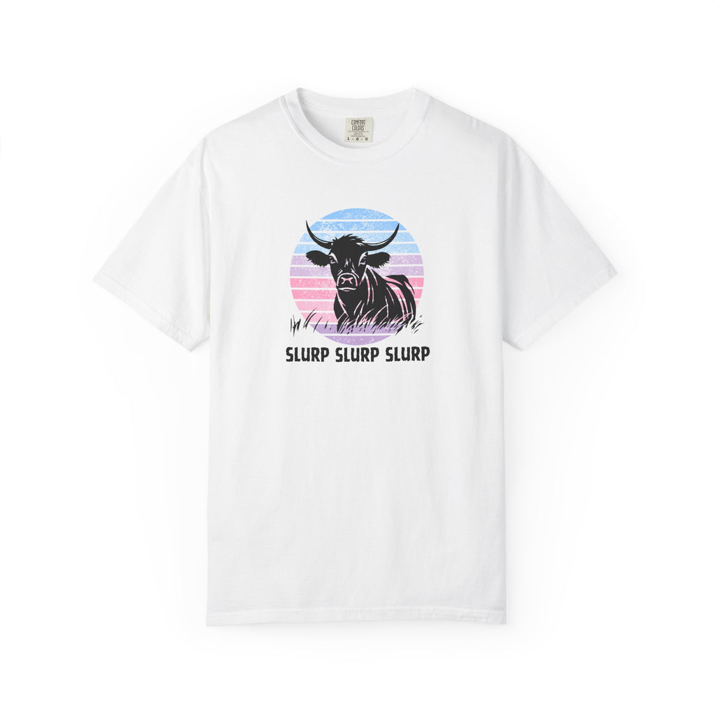 Cow Sunset T-Shirt — 'SLURP SLURP SLURP' Retro Pastel Cow Graphic Tee