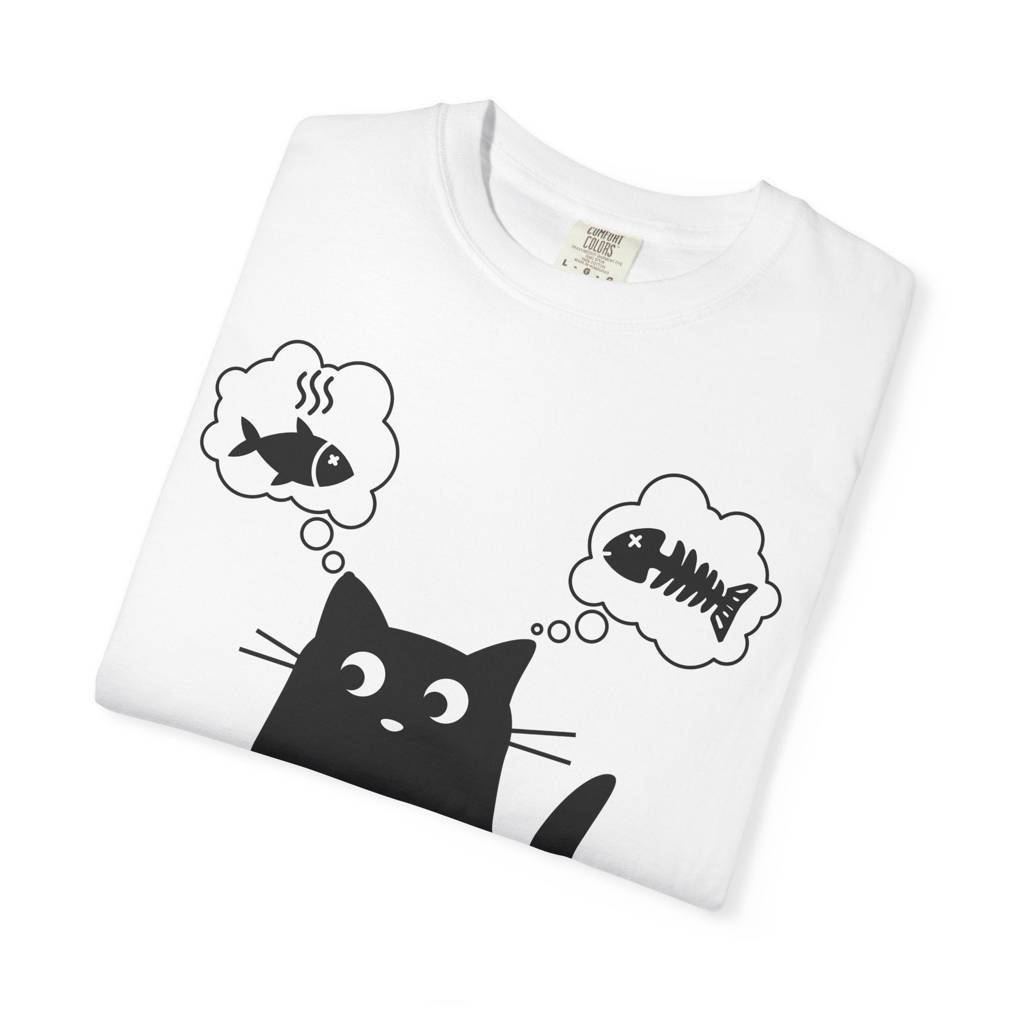 Cat Thinking Fish T-Shirt — Cute Black Cat with Fishbone Graphic