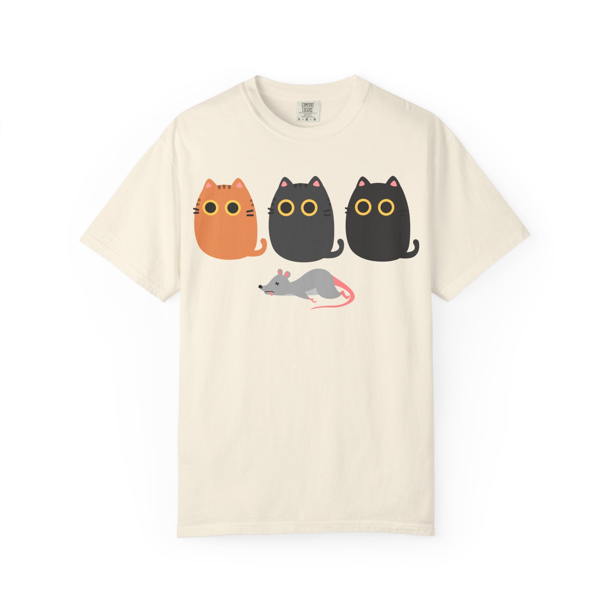 Cute Cat Trio T-Shirt — Cartoon Cats & Sleeping Mouse Graphic Tee