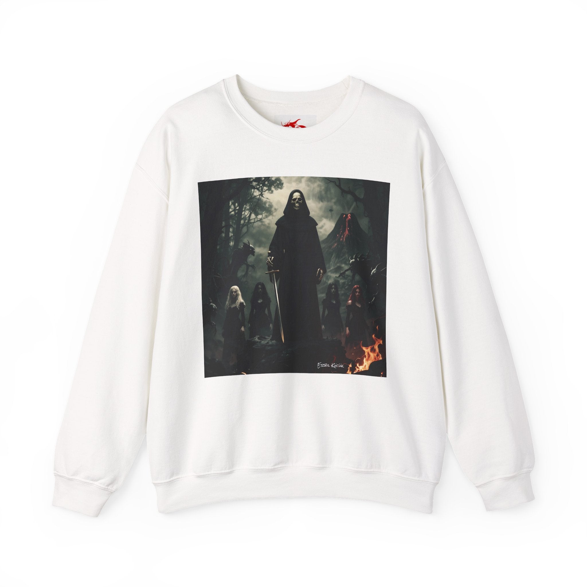 Crewneck Sweatshirt — Gothic Hooded Figure & Coven Forest Art