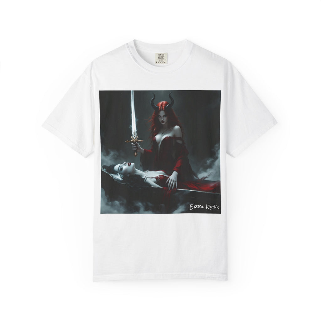 Gothic Demoness Art T-Shirt — Dark Fantasy Sword & Blood Illustration