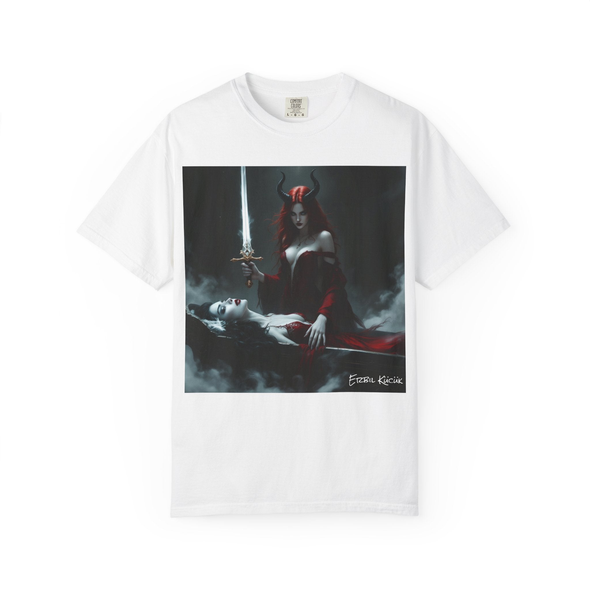 Gothic Demoness Art T-Shirt — Dark Fantasy Sword & Blood Illustration