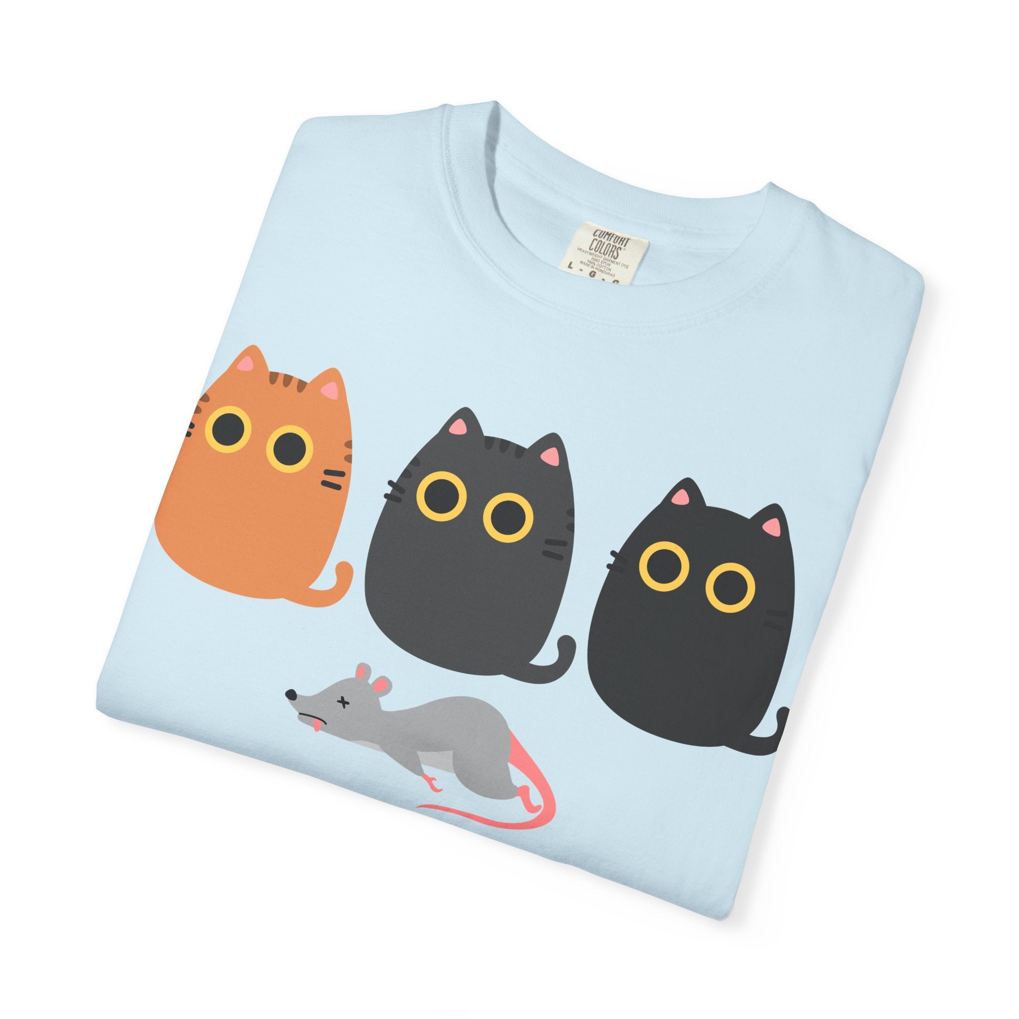 Cute Cat Trio T-Shirt — Cartoon Cats & Sleeping Mouse Graphic Tee