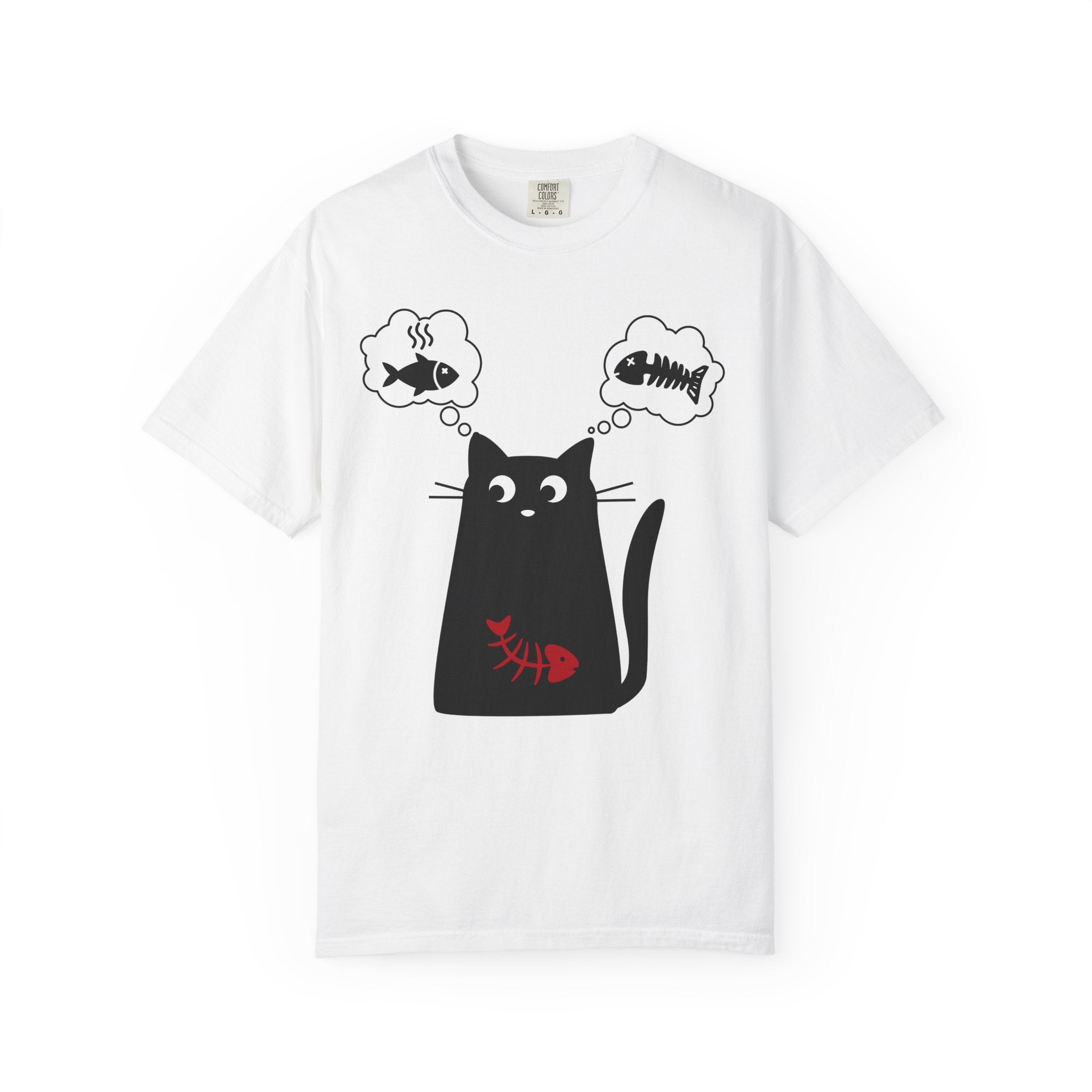 Cat Thinking Fish T-Shirt — Cute Black Cat with Fishbone Graphic
