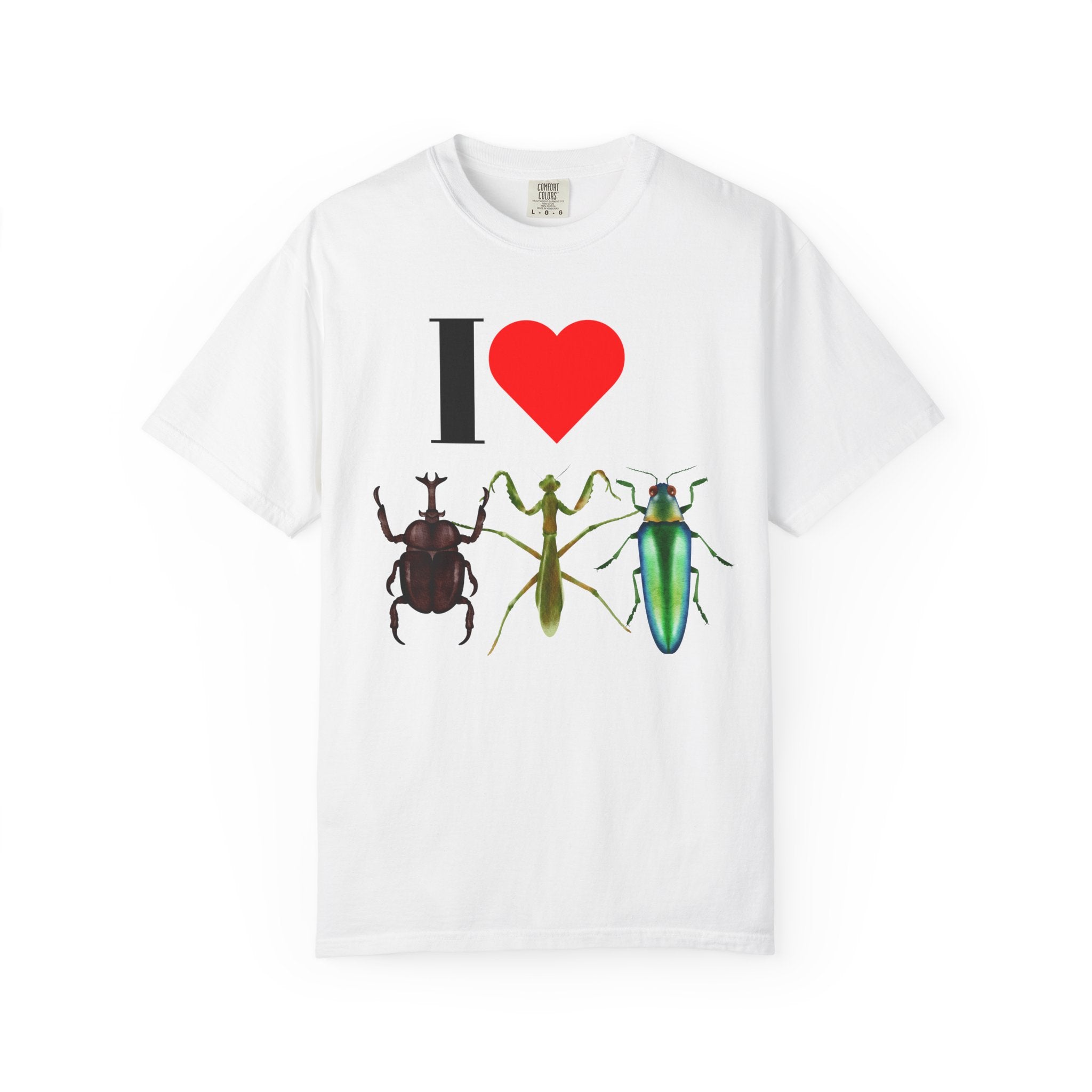 I  Bugs T-Shirt — Insect Lover Graphic Tee (Beetle, Praying Mantis, Jewel Beetle)