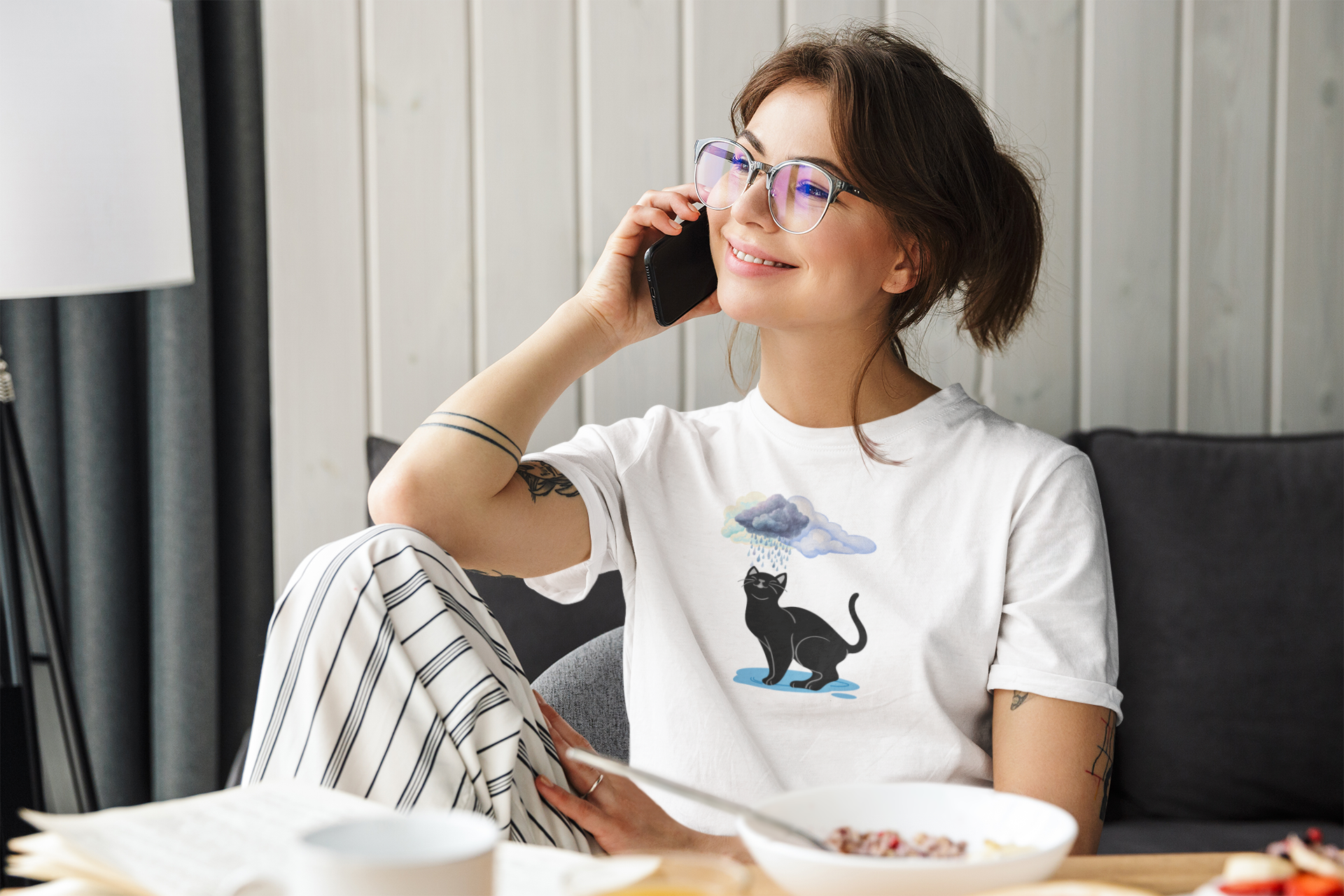 Black Cat in the Rain T-Shirt — Cute Moody Kitty Graphic Tee