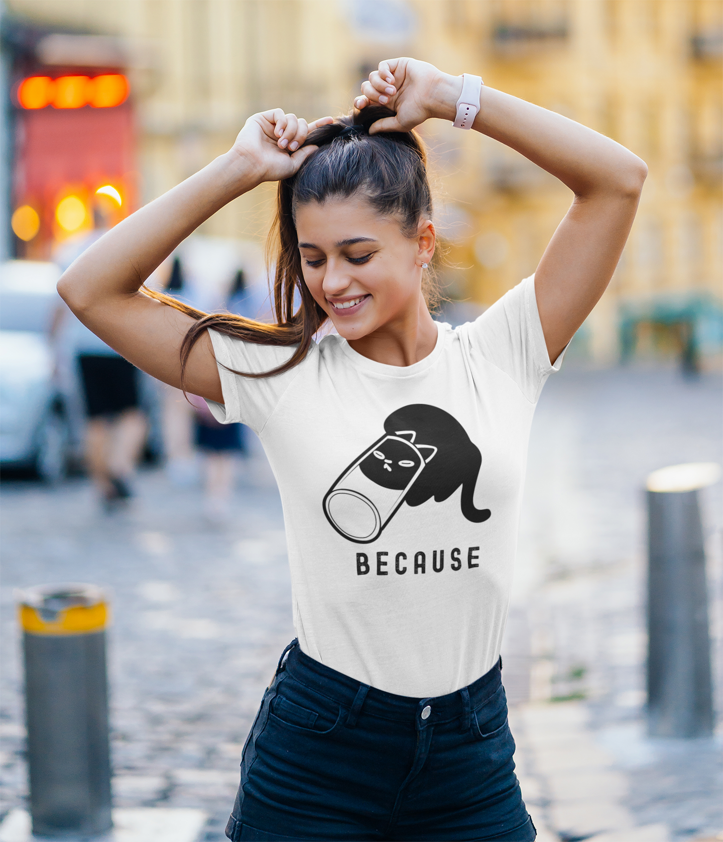 Cat with Can "Because" T-Shirt