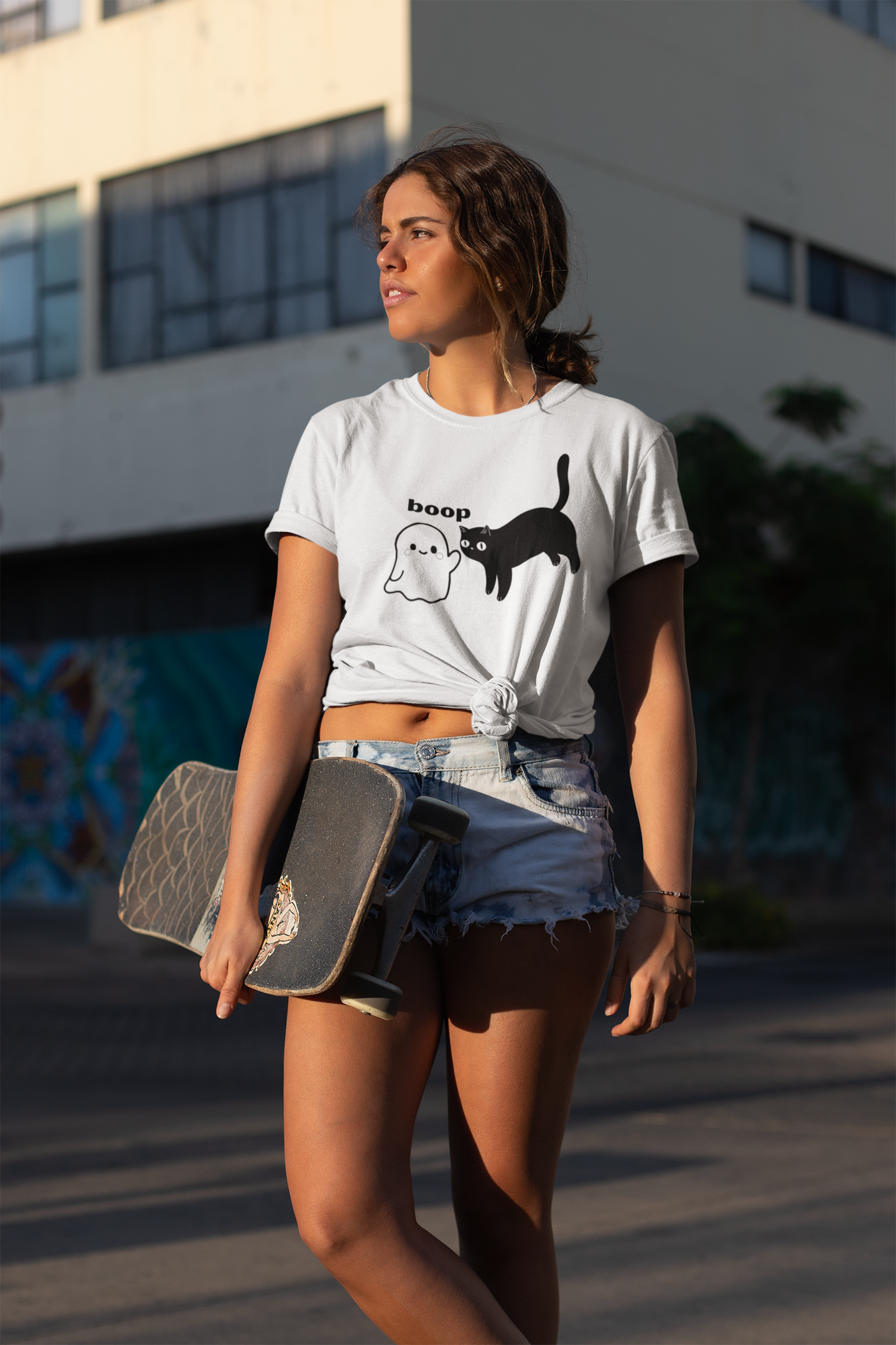 Boop Cat & Ghost T-Shirt — Cute Halloween Graphic Tee