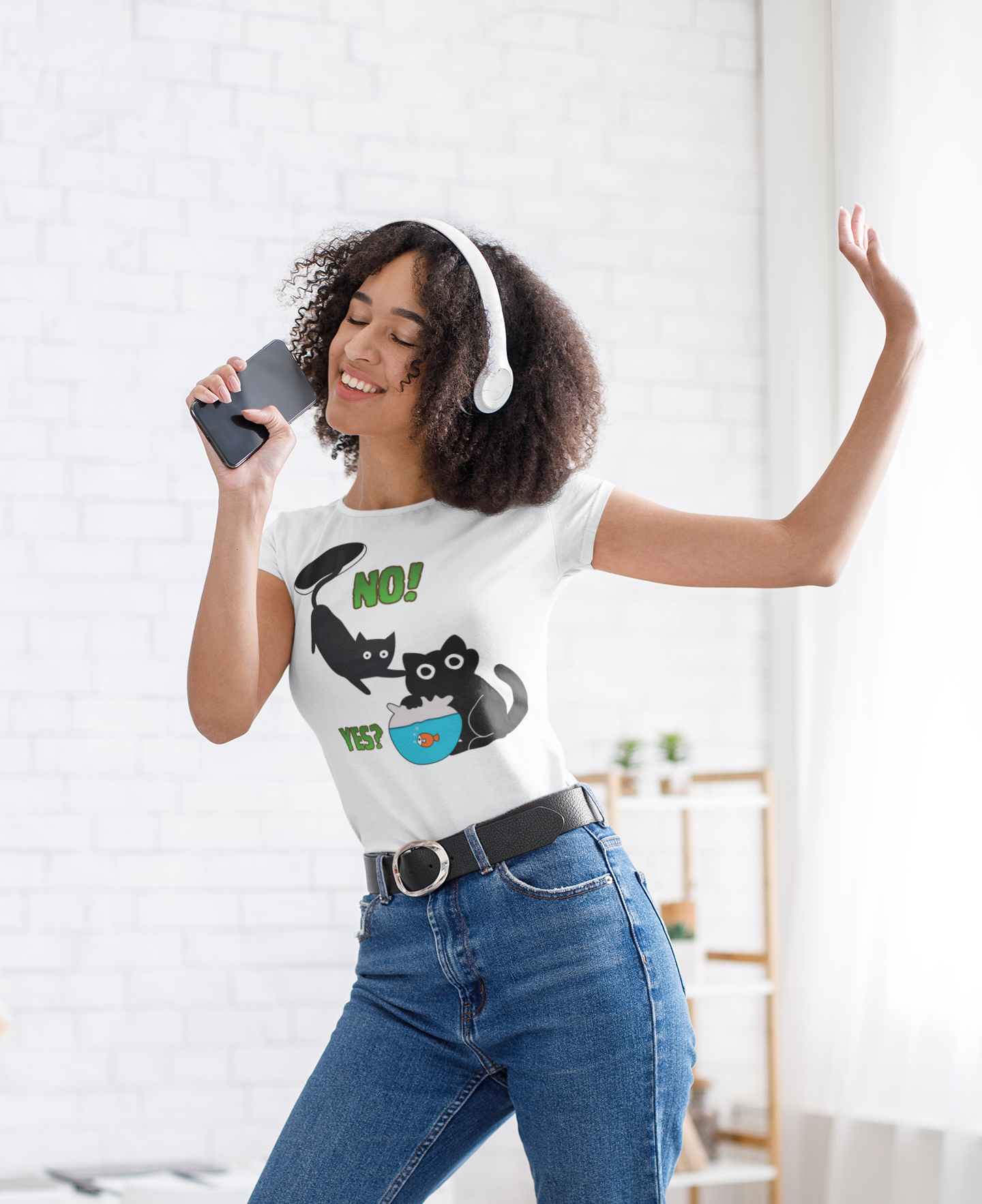 Cat Mischief T-Shirt — "No!" vs "Yes?" Fishbowl Graphic