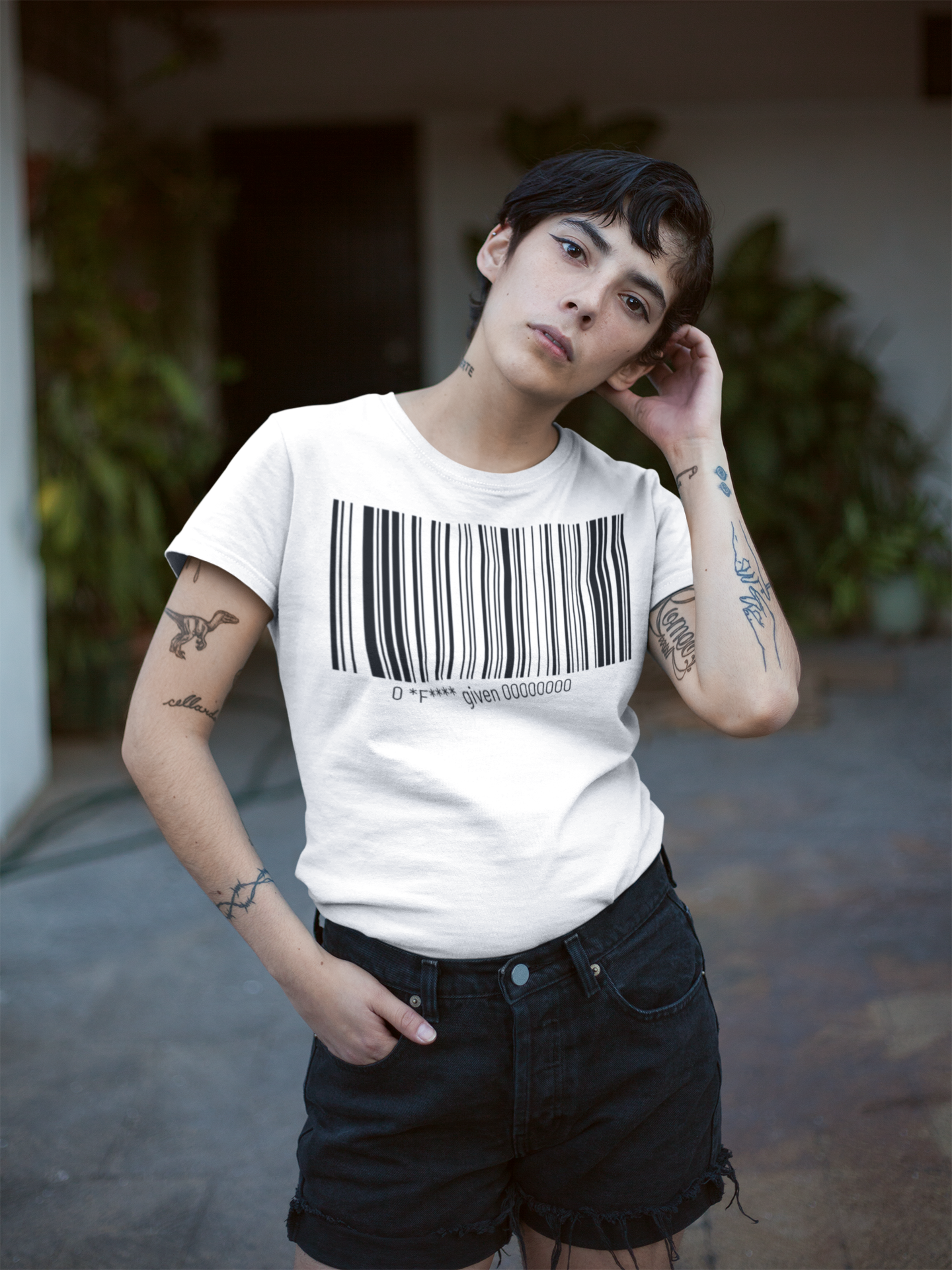 Barcode Graphic T-Shirt — "0 f*cks Given" Minimalist Tee