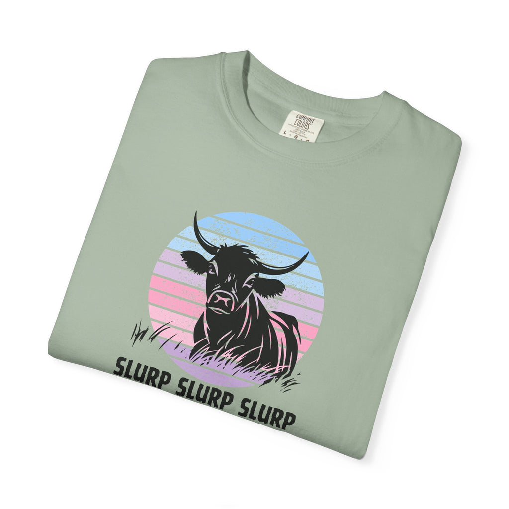 Cow Sunset T-Shirt — 'SLURP SLURP SLURP' Retro Pastel Cow Graphic Tee