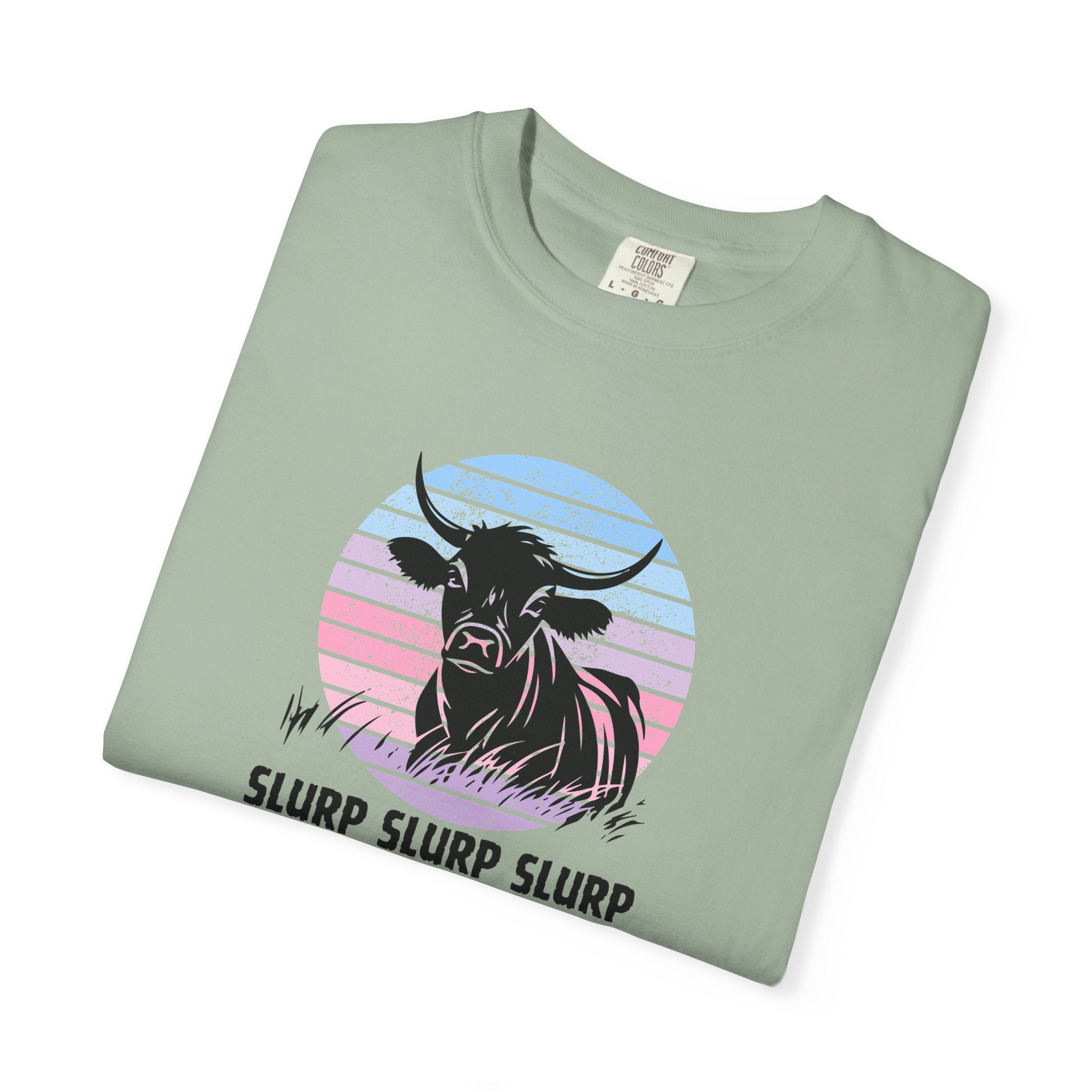 Cow Sunset T-Shirt — 'SLURP SLURP SLURP' Retro Pastel Cow Graphic Tee