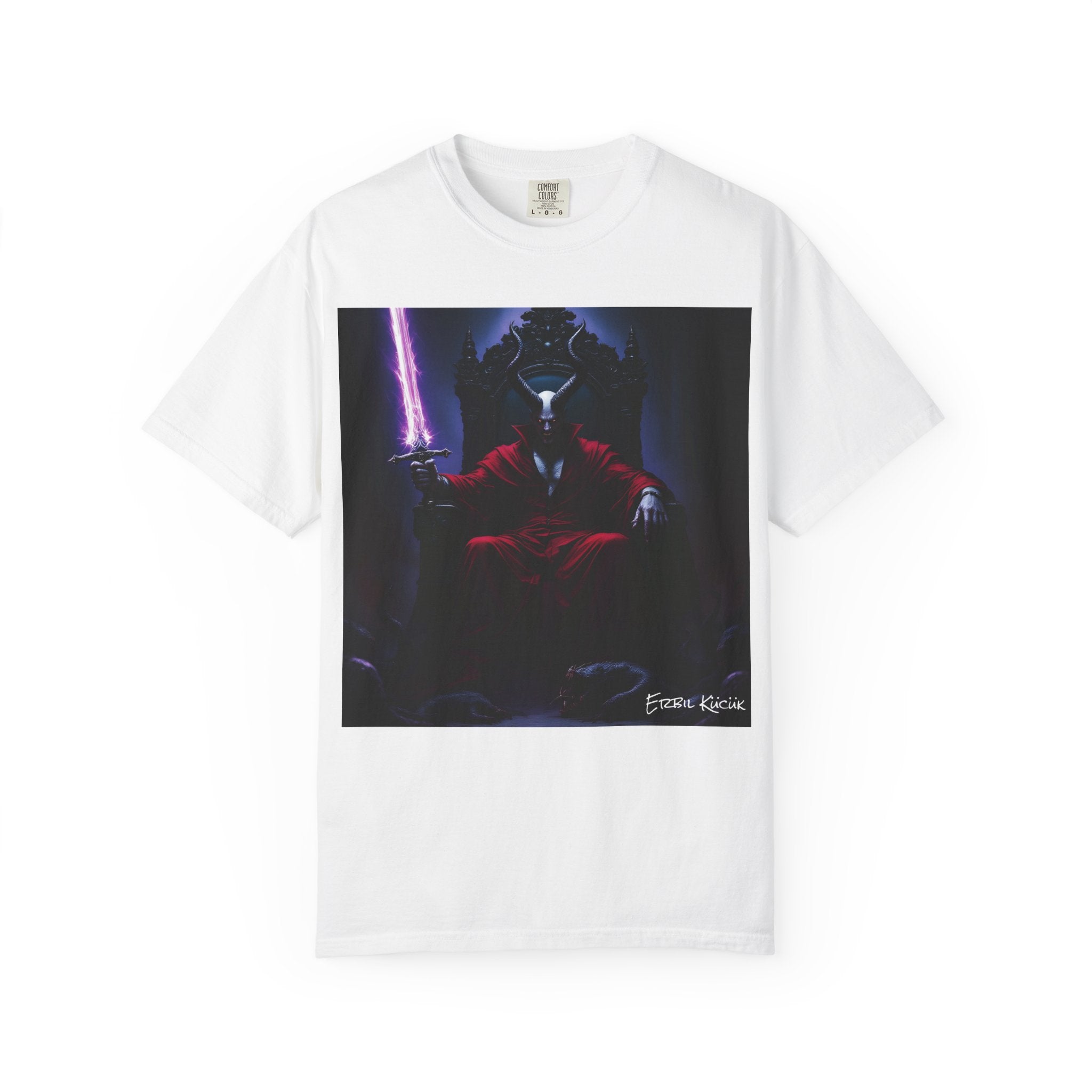 Dark Throne Graphic T-Shirt — Neon Sword Demon Illustration