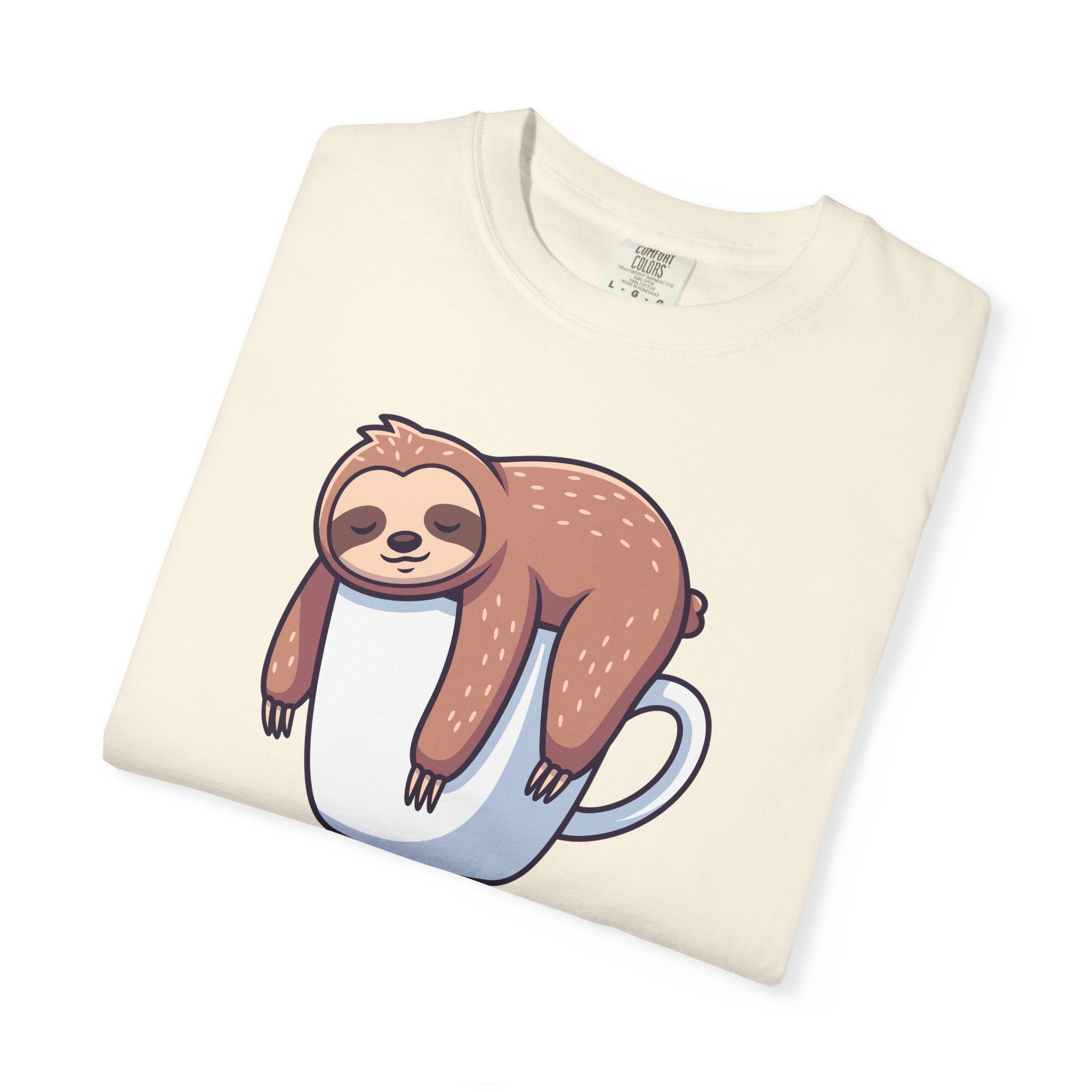 Sloth on Coffee Cup T-Shirt — “Coffee, please” Cute Lazy Morning Tee