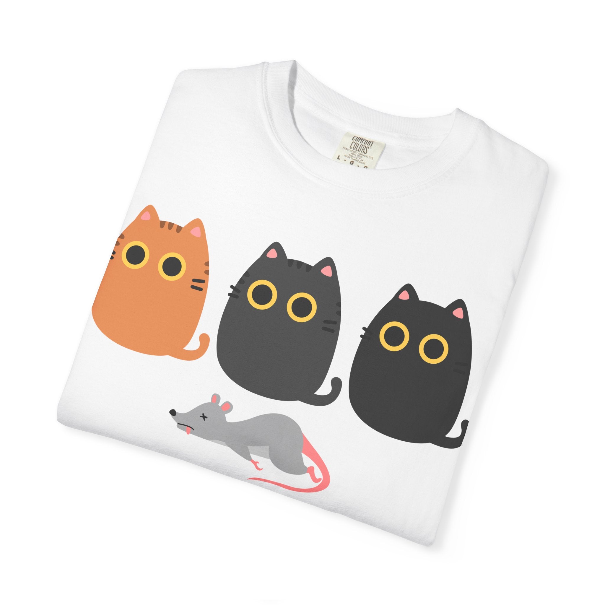 Cute Cat Trio T-Shirt — Cartoon Cats & Sleeping Mouse Graphic Tee
