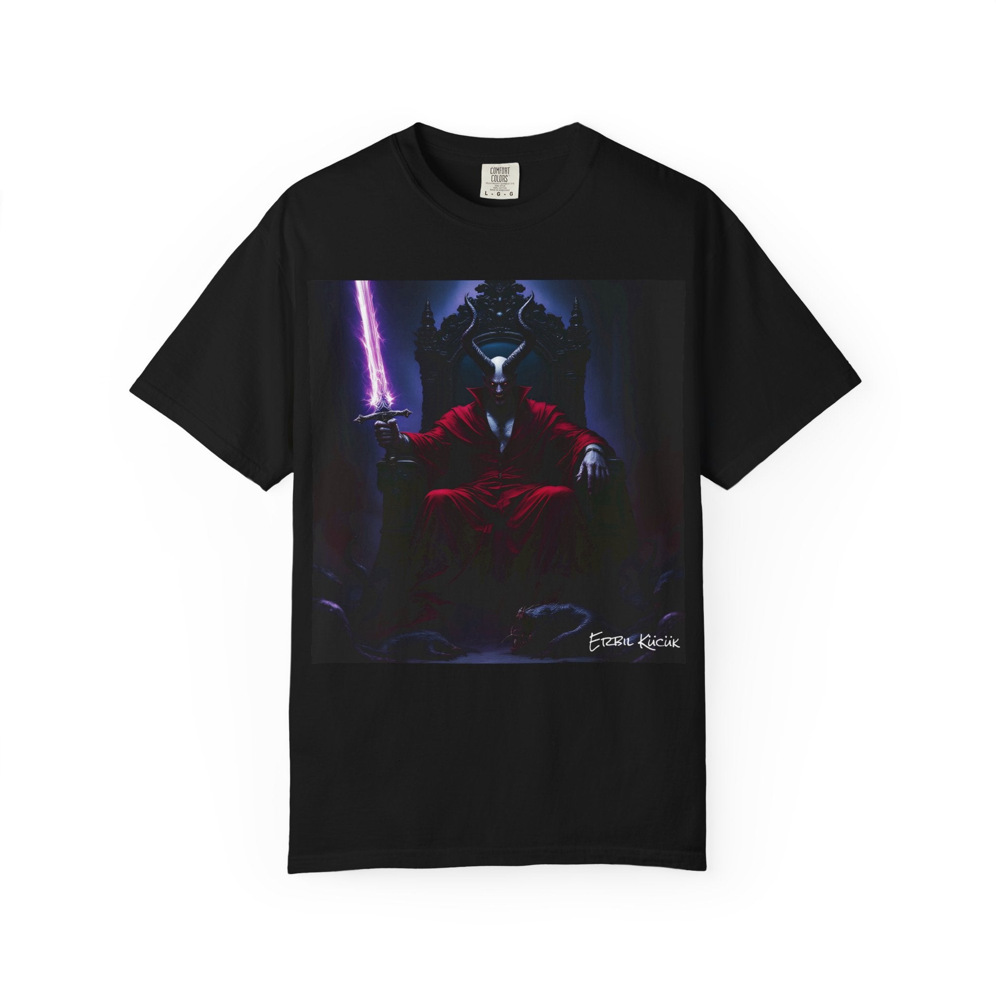Dark Throne Graphic T-Shirt — Neon Sword Demon Illustration