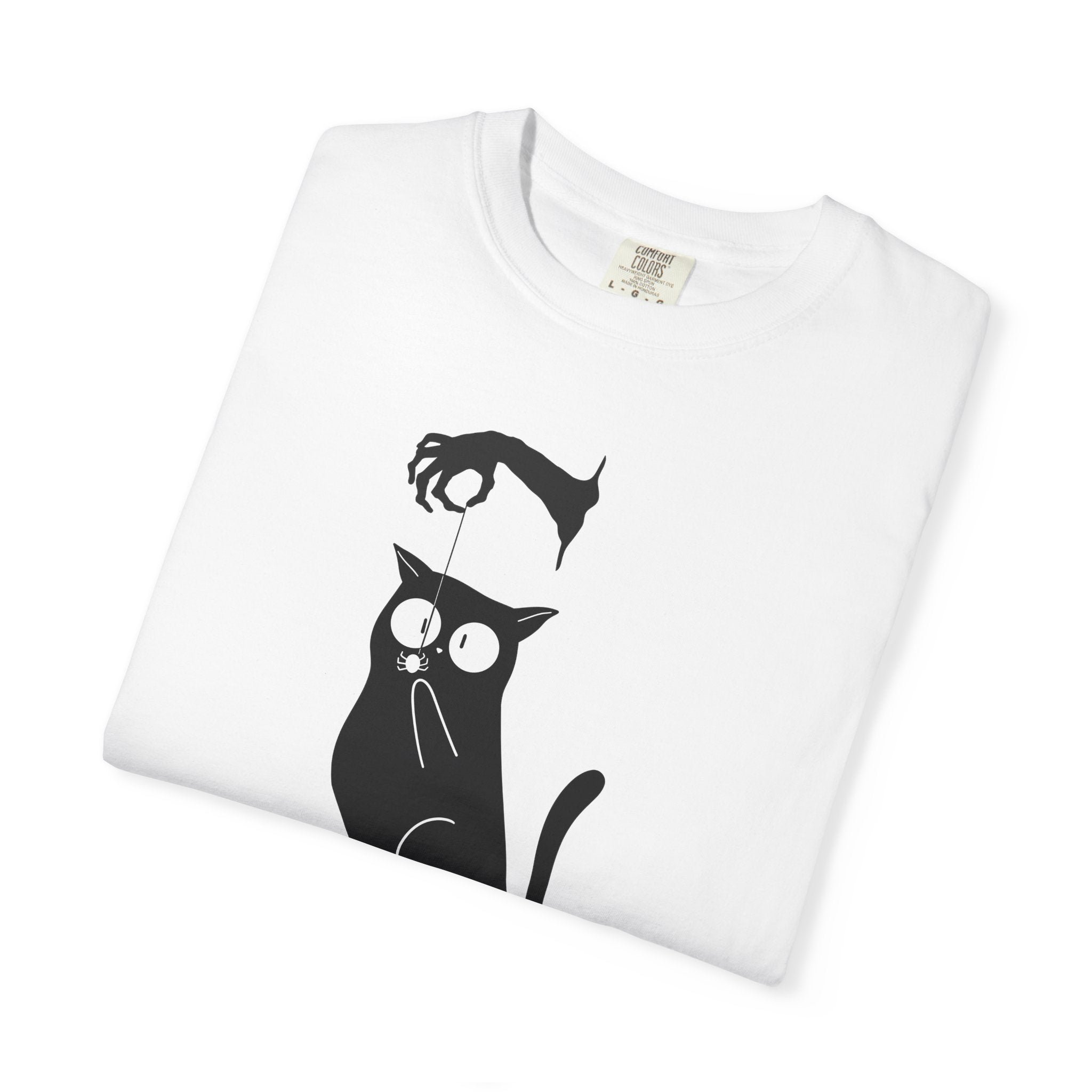 Cat & Spooky Arm Graphic T-Shirt — Playful Black Cat Illustration
