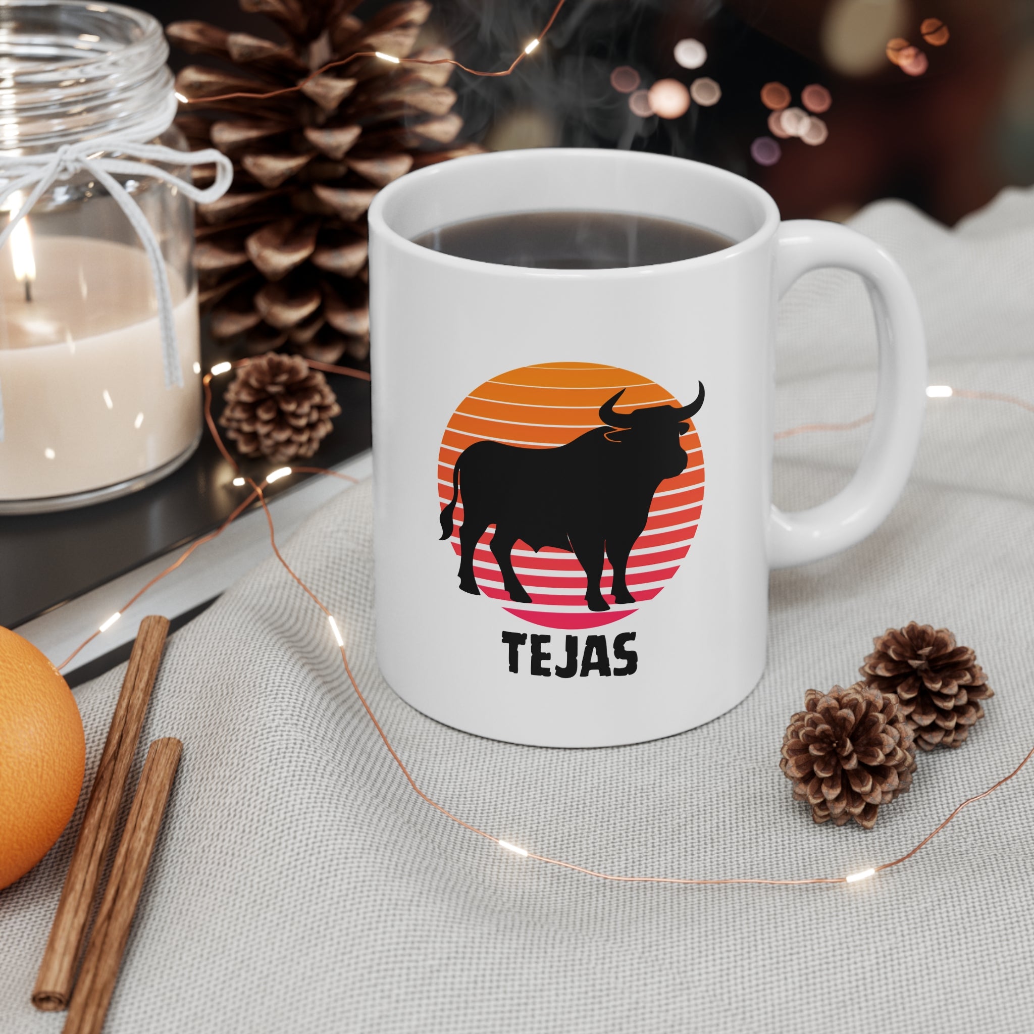 Tejas Bull Sunset Mug — Ceramic Coffee Cup (11oz, 15oz)