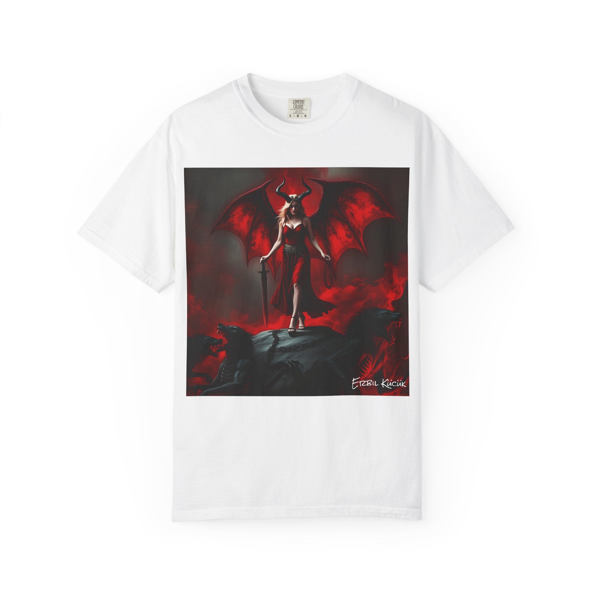 Demoness Art T-Shirt — Red Winged Devil Woman Graphic Tee