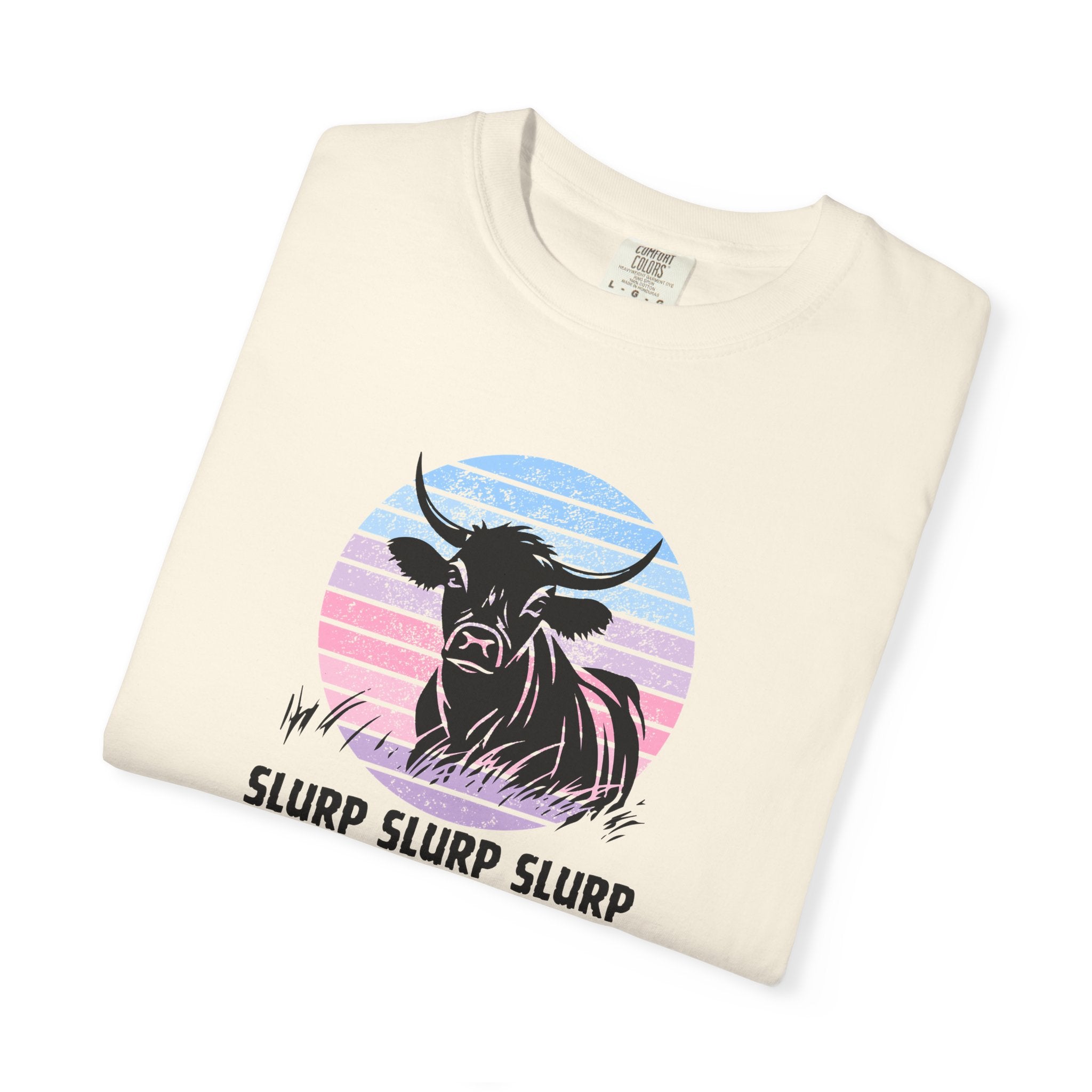 Cow Sunset T-Shirt — 'SLURP SLURP SLURP' Retro Pastel Cow Graphic Tee