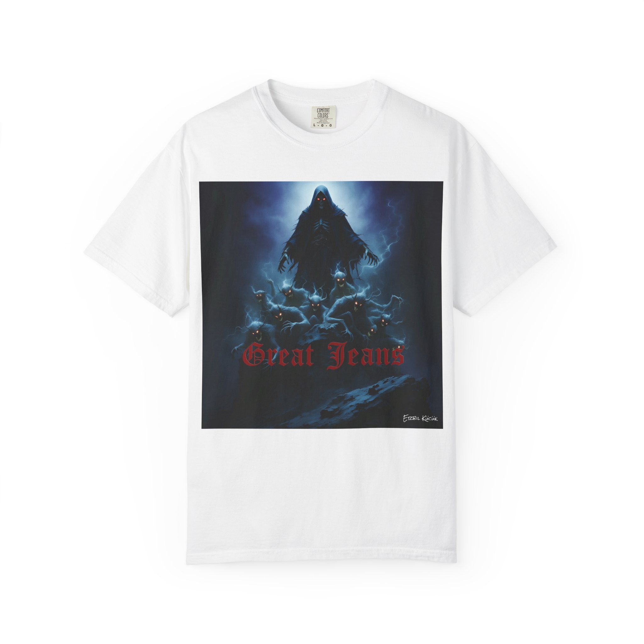 Hooded Figure Graphic T-Shirt — 'Great Jeans' Dark Fantasy Tee