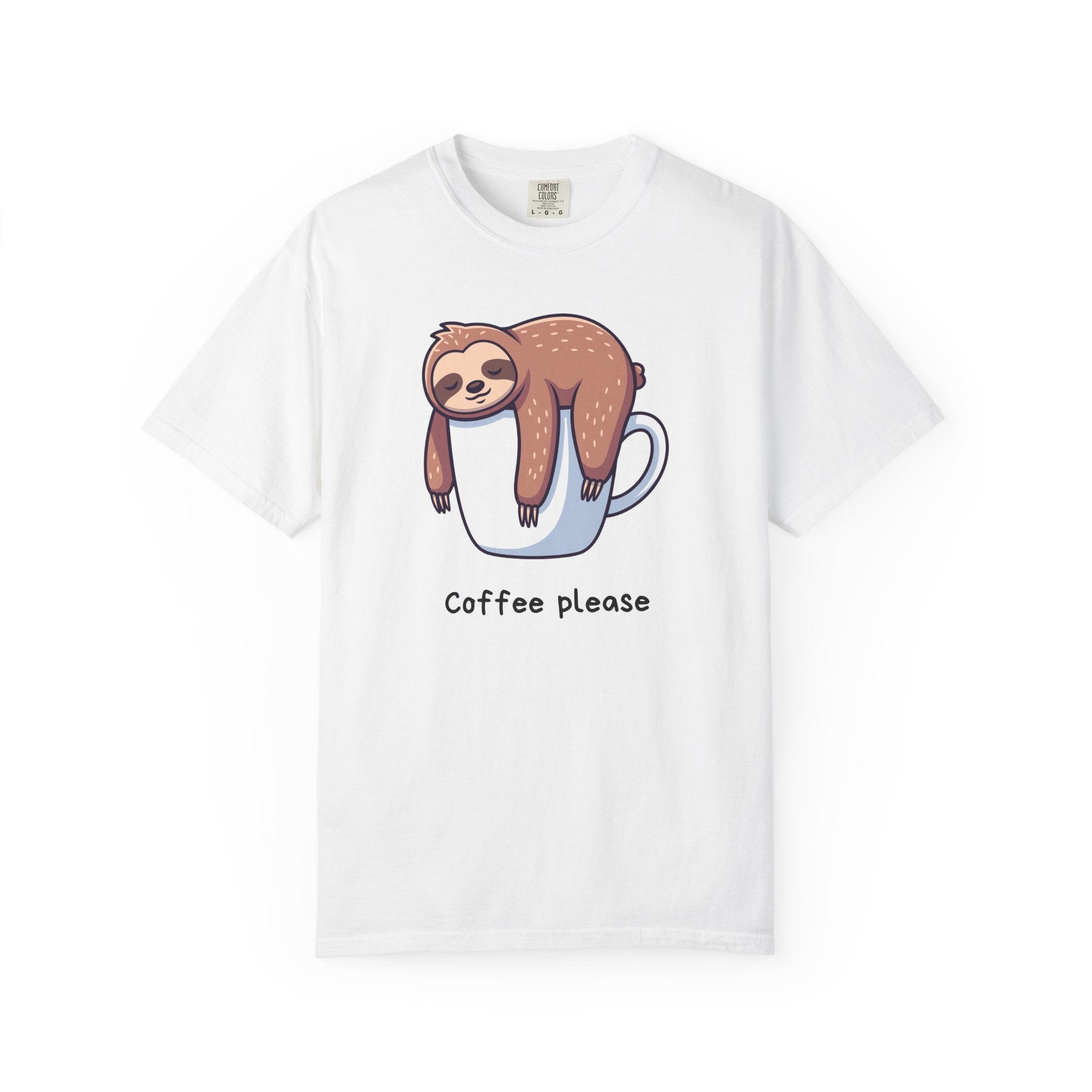 Sloth on Coffee Cup T-Shirt — “Coffee, please” Cute Lazy Morning Tee