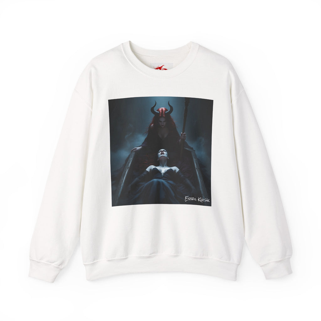 Dark Queen Illustration Sweatshirt — Gothic Demon Throne Art Crewneck