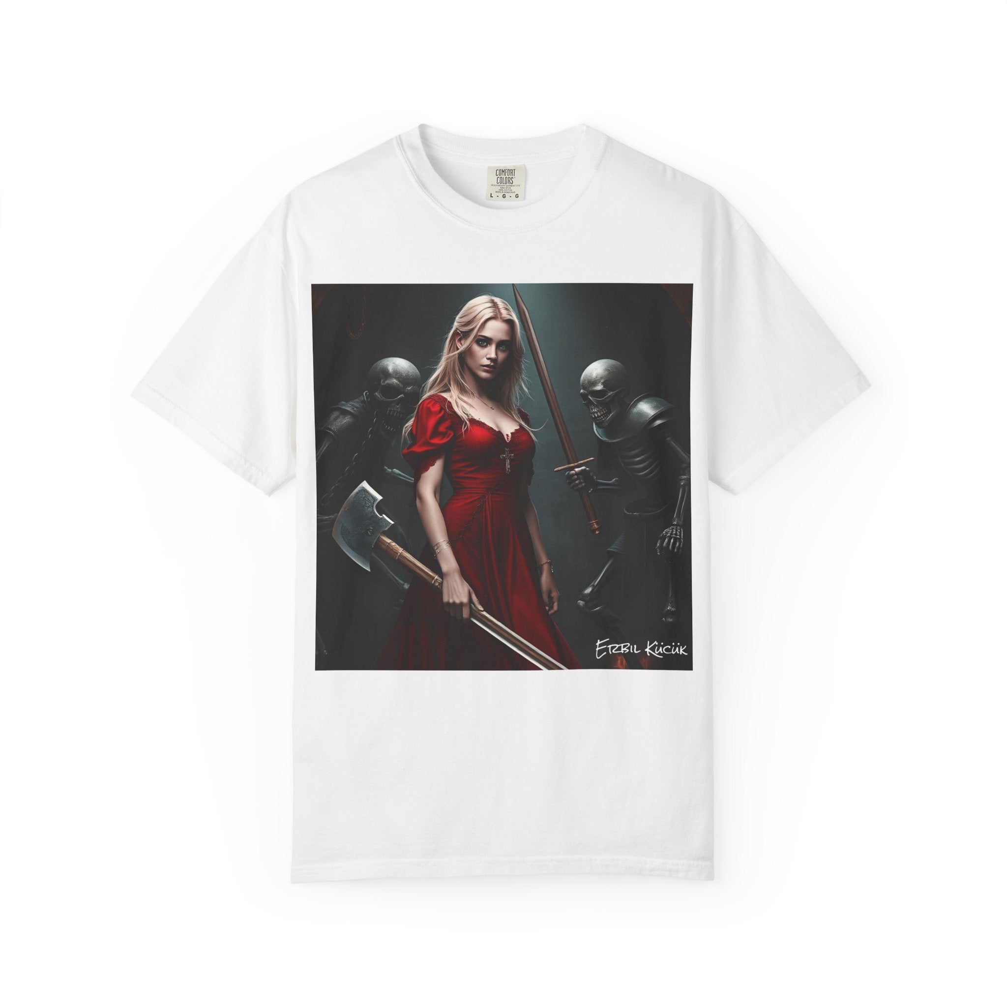 Fantasy Warrior Woman T-Shirt — Red Dress Battle Art Tee