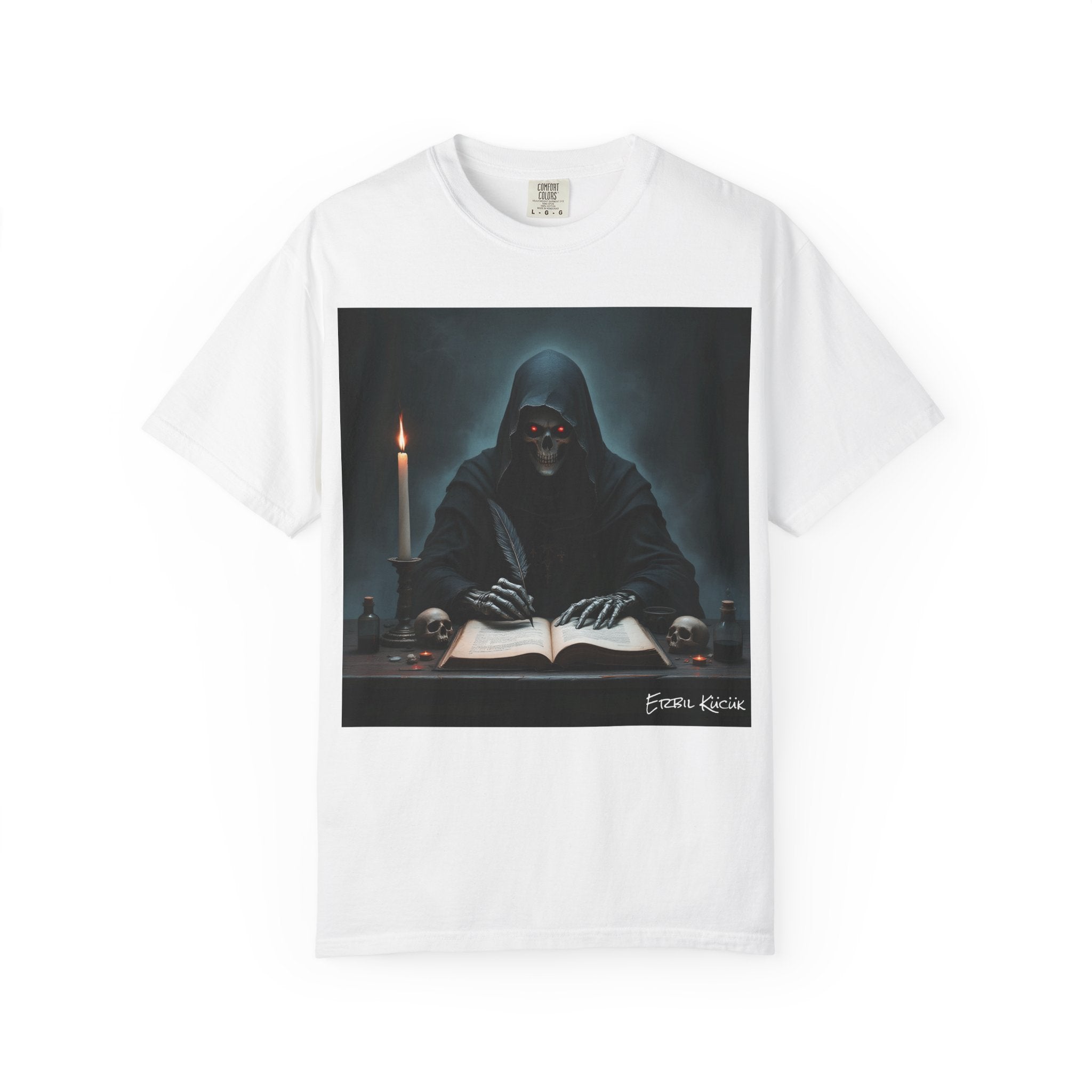 Grim Reaper Writing Graphic Tee — Dark Hooded Skeleton Candle Illustration