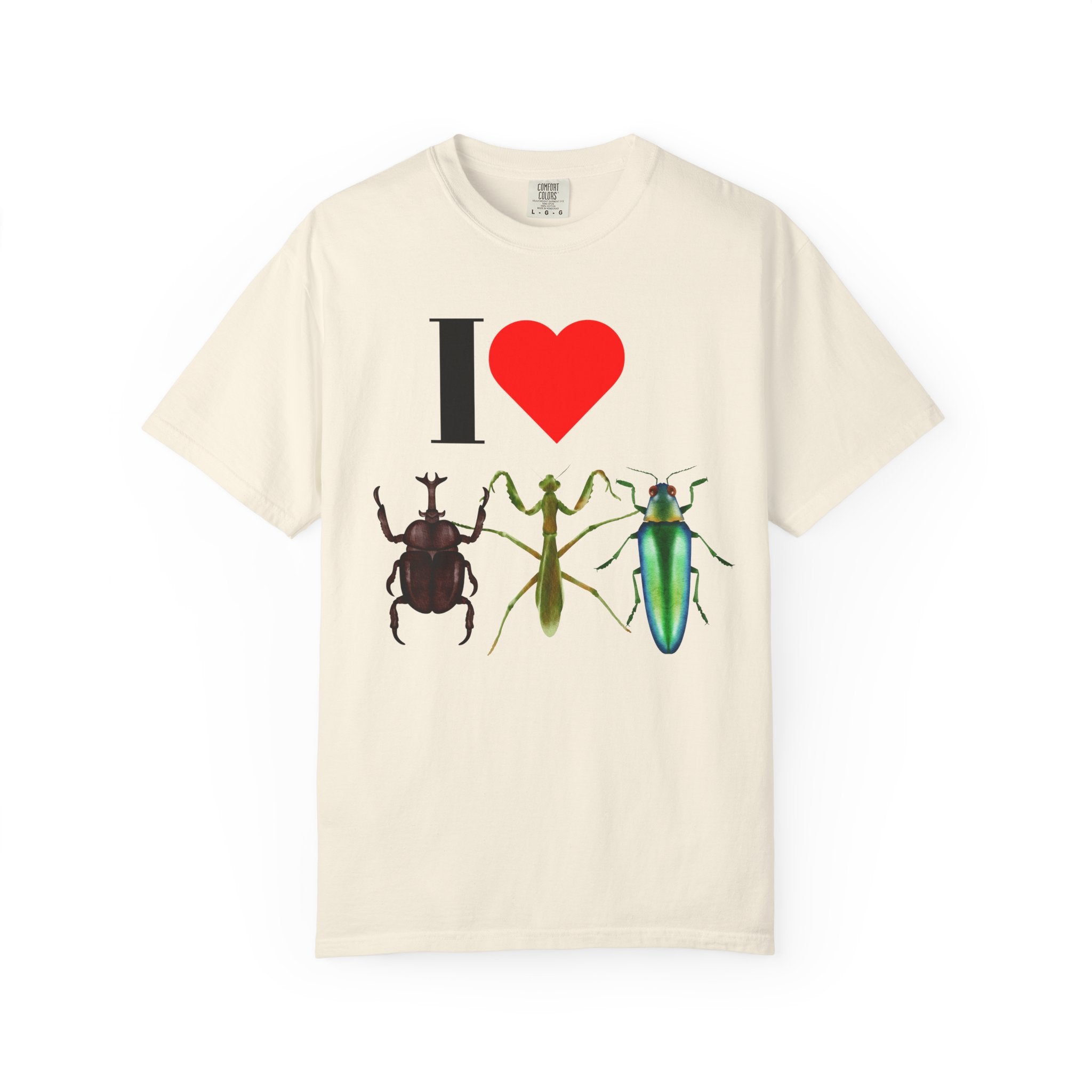 I  Bugs T-Shirt — Insect Lover Graphic Tee (Beetle, Praying Mantis, Jewel Beetle)