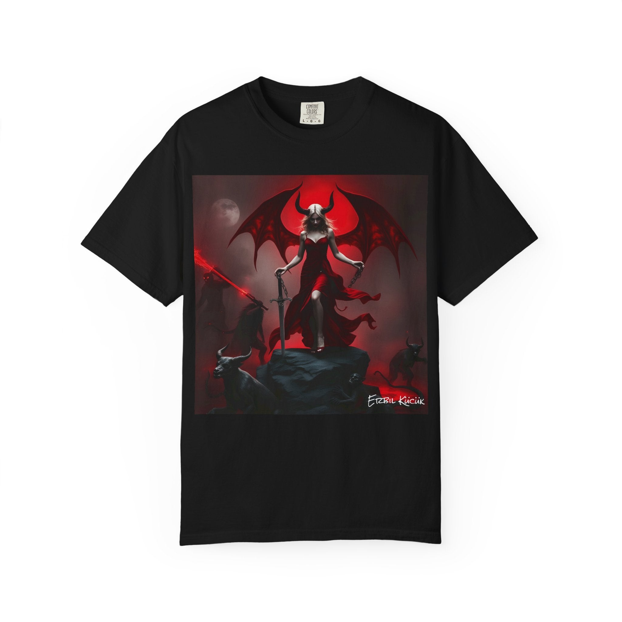 Demonic Valkyrie Graphic T-Shirt — Dark Fantasy Devil Wings Art Tee
