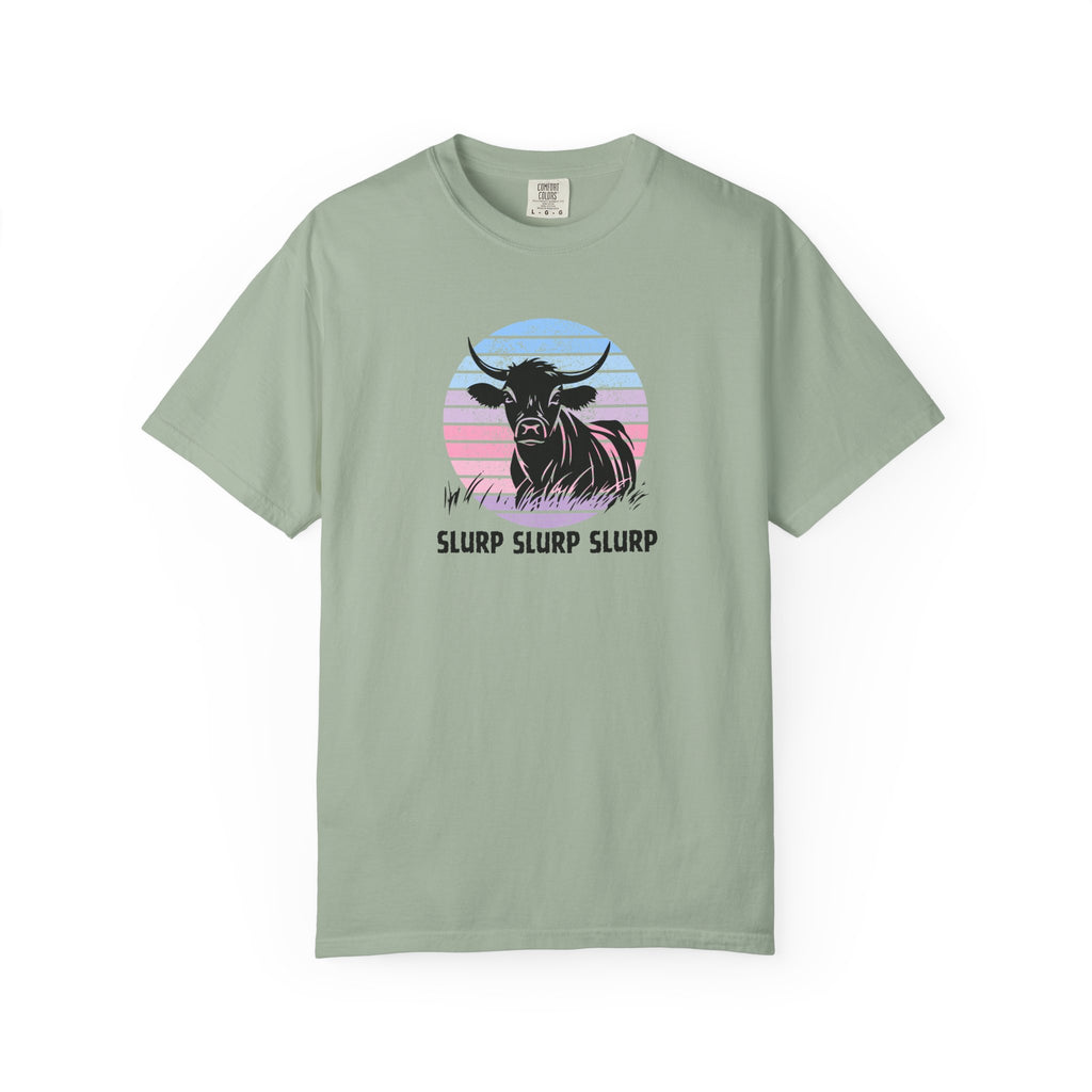 Cow Sunset T-Shirt — 'SLURP SLURP SLURP' Retro Pastel Cow Graphic Tee