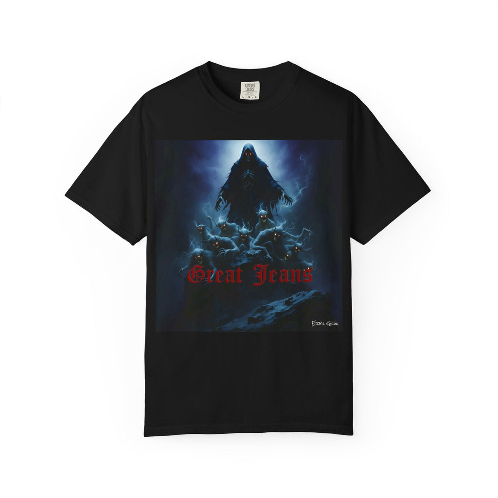 Hooded Figure Graphic T-Shirt — 'Great Jeans' Dark Fantasy Tee