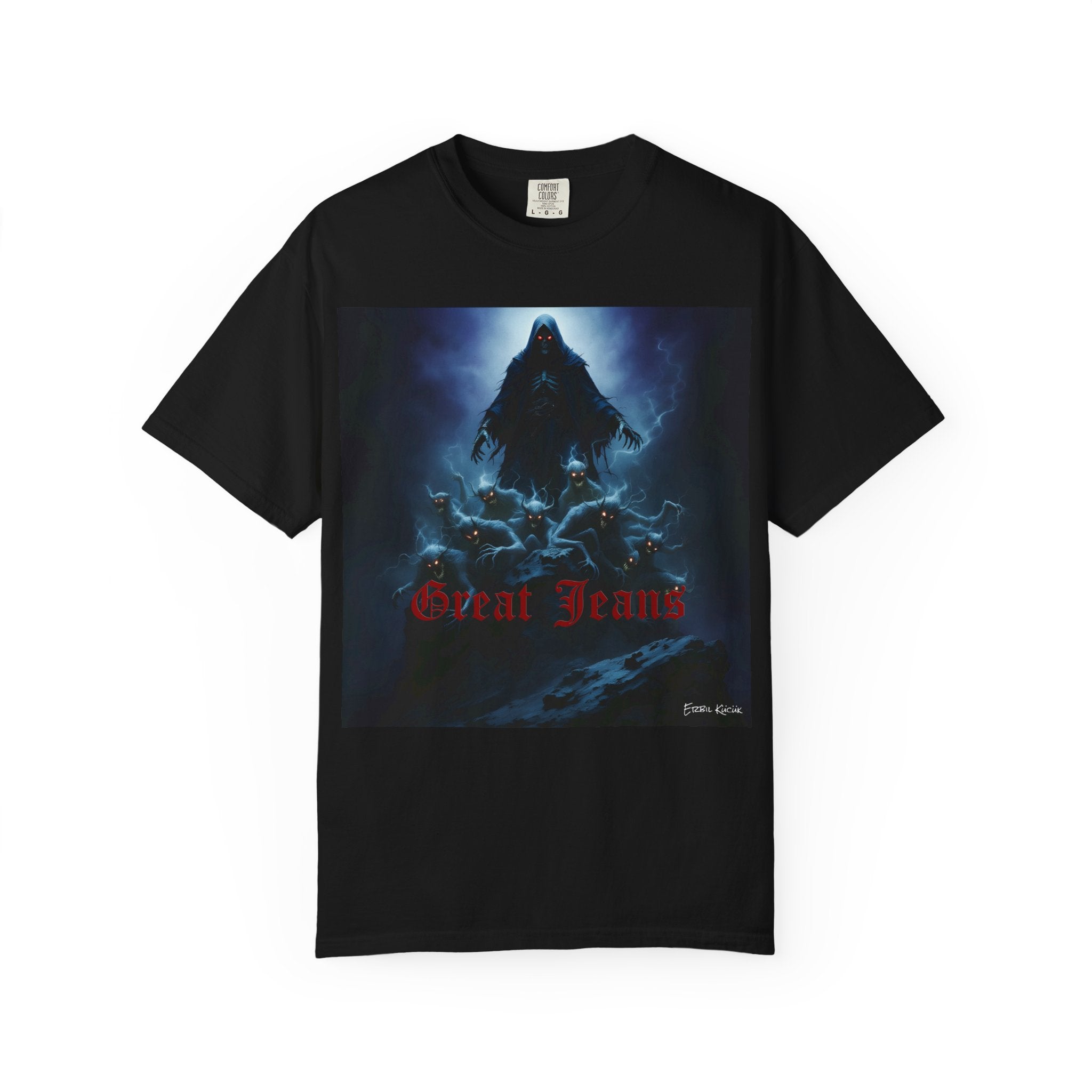 Hooded Figure Graphic T-Shirt — 'Great Jeans' Dark Fantasy Tee